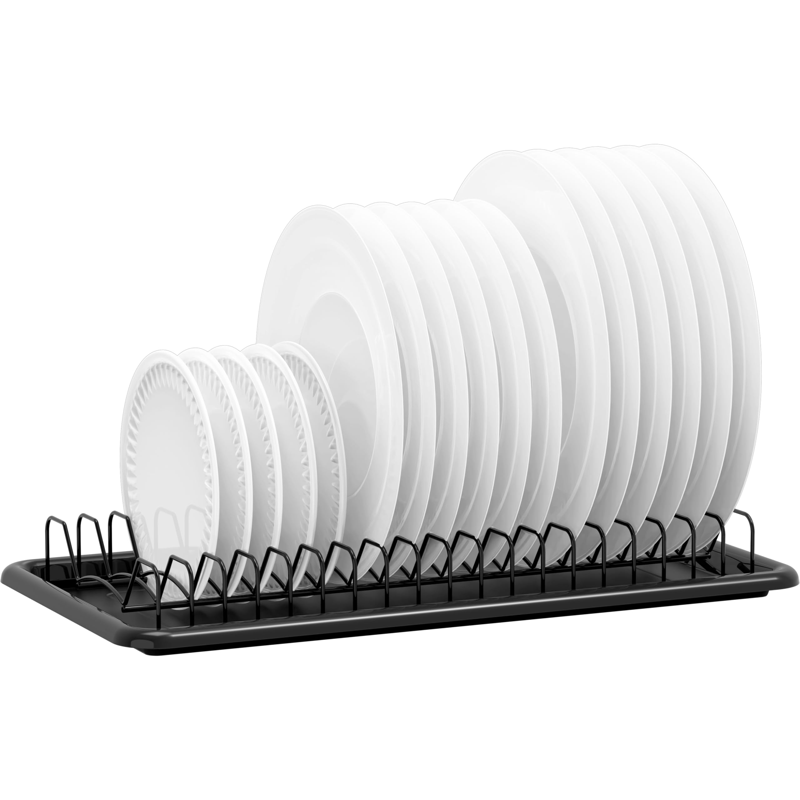 Simple Houseware Stainless Steel Plate Drying Rack with Drainboard, Dish Organizer for Kitchen Cabinet or Countertop Storage, Black