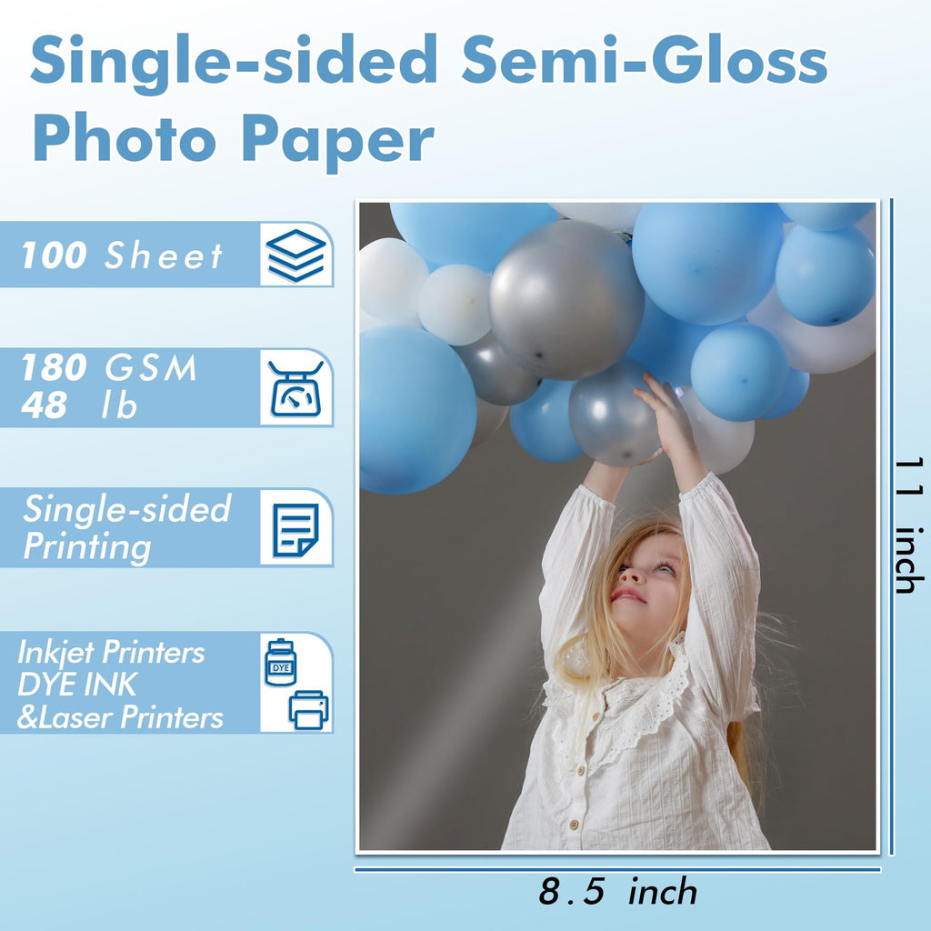 Koala Semi-Gloss Inkjet Photo Paper 8.5X11 Inches 100 Sheets Compatible with Inkjet Printer Use DYE Ink 48LB