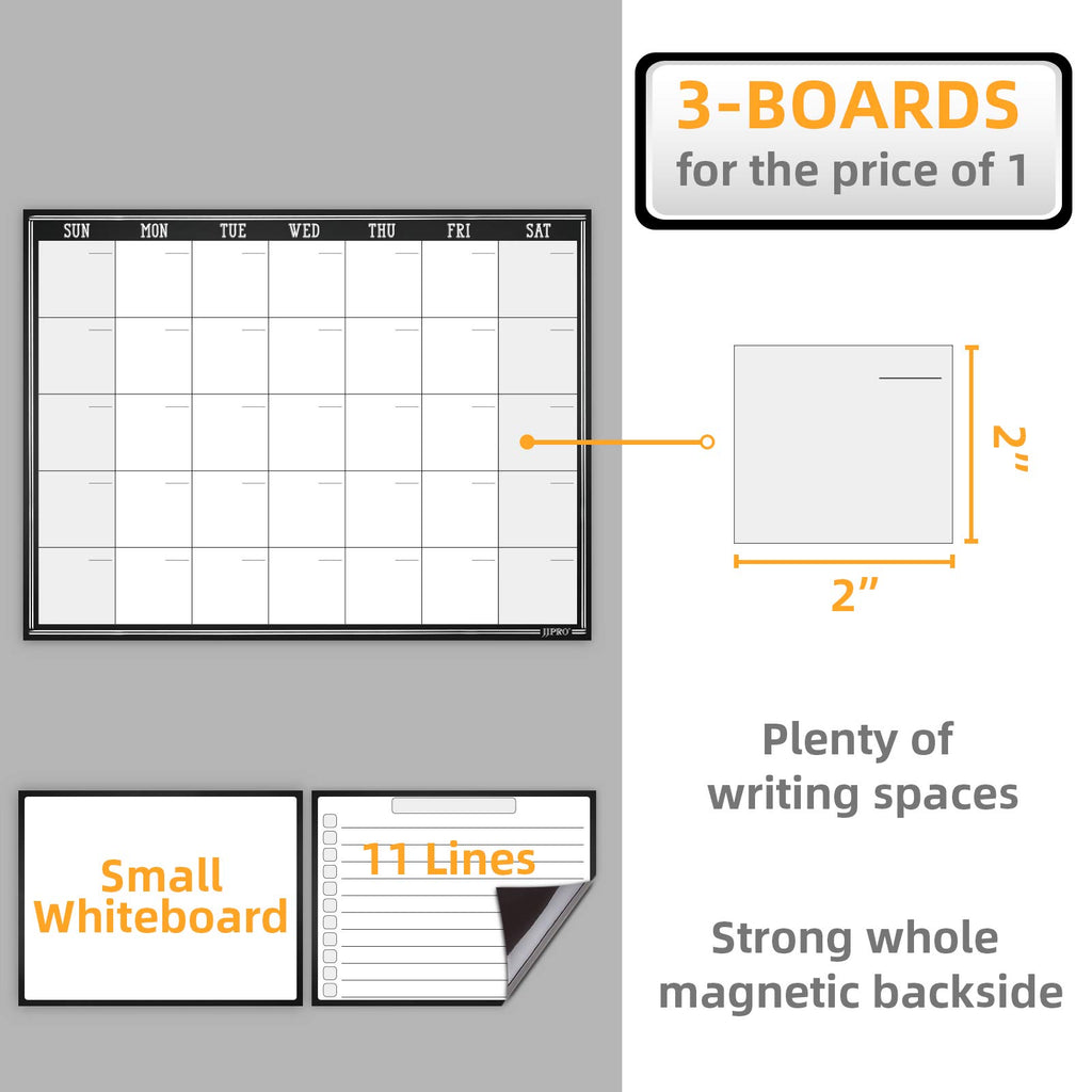 JJPRO Magnetic Dry Erase Monthly Calendar Whiteboard for Refrigerator-One Monthly Planner Whiteboard and Two Notes Boards Set for Fridge-Refrigerator Organizer with Monthly Planning Board