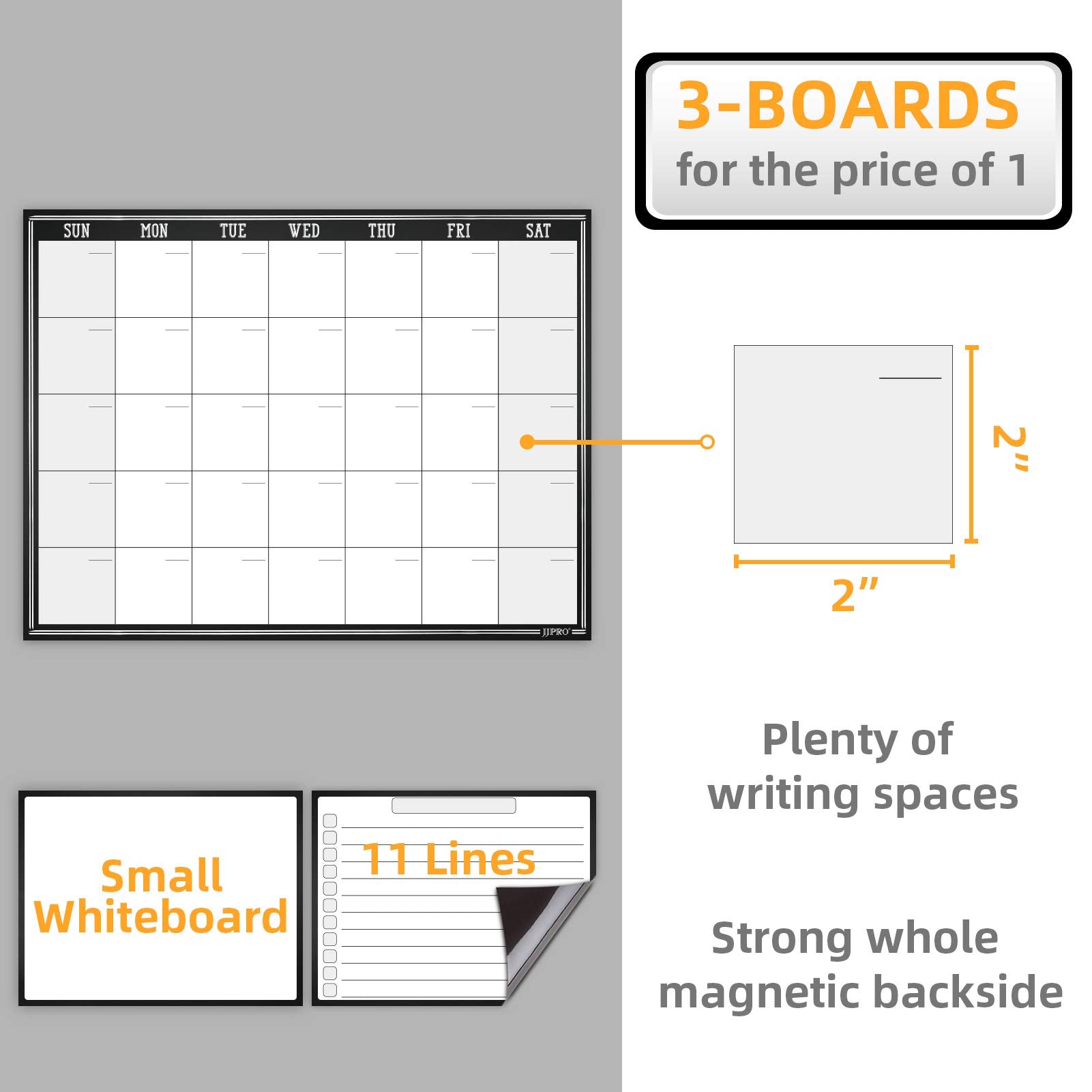 JJPRO Magnetic Dry Erase Monthly Calendar Whiteboard for Refrigerator-One Monthly Planner Whiteboard and Two Notes Boards Set for Fridge-Refrigerator Organizer with Monthly Planning Board