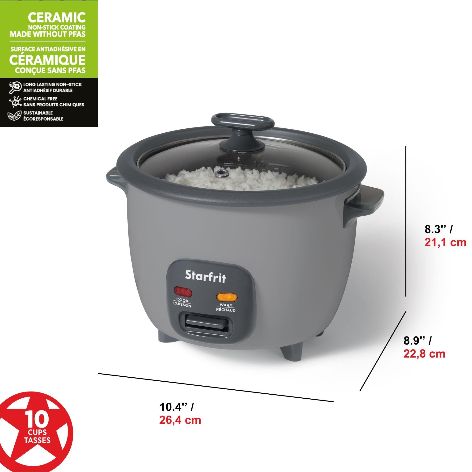 Starfrit Electric Rice Cooker – 10 Cups – Ceramic Non-Stick Coating without PFAS – Steamer Basket, Measuring Cup & Service Spoon - 400W - Grey