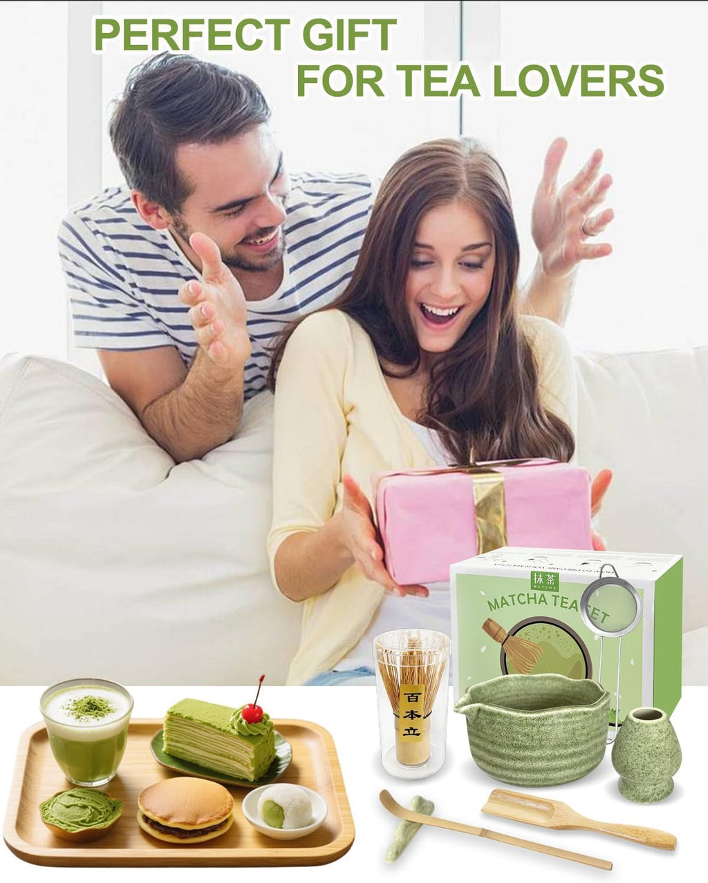 Matcha Set Matcha Tea Set 7 Pcs - Bamboo Matcha Whisk, Matcha Bowl with Spout, Matcha Whisk Holder, Sieve, Spoon and Holder, Japanese Matcha Accessories for Matcha Lover - Classic Green
