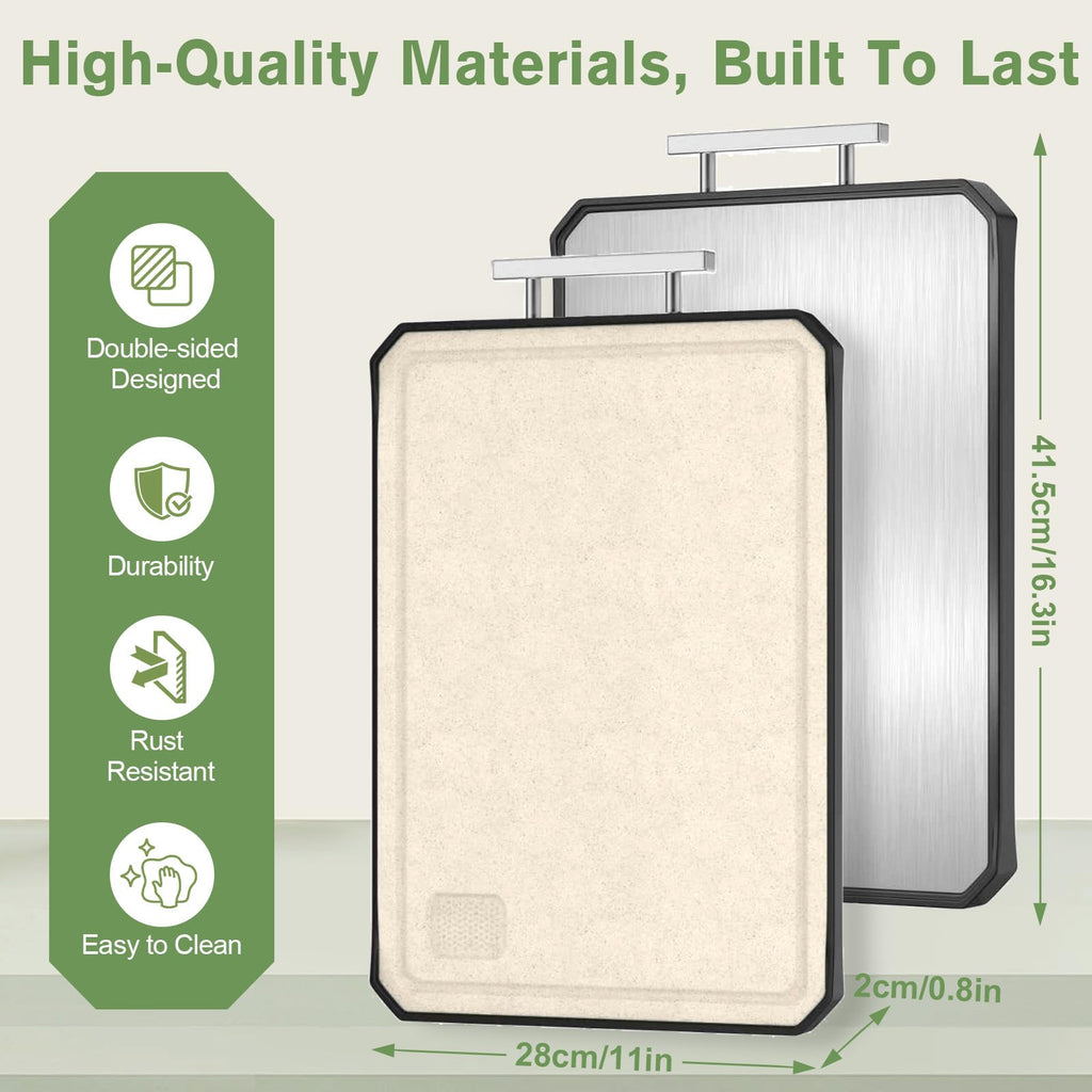 Titanium Cutting Board - Double Sided Non-Toxic Cutting Boards for Kitchen, Pure Titanium & Wheat Straw PP Food Grade Metal Cutting Board, Non-Stick Durable and Easy to Clean 16" x 11"