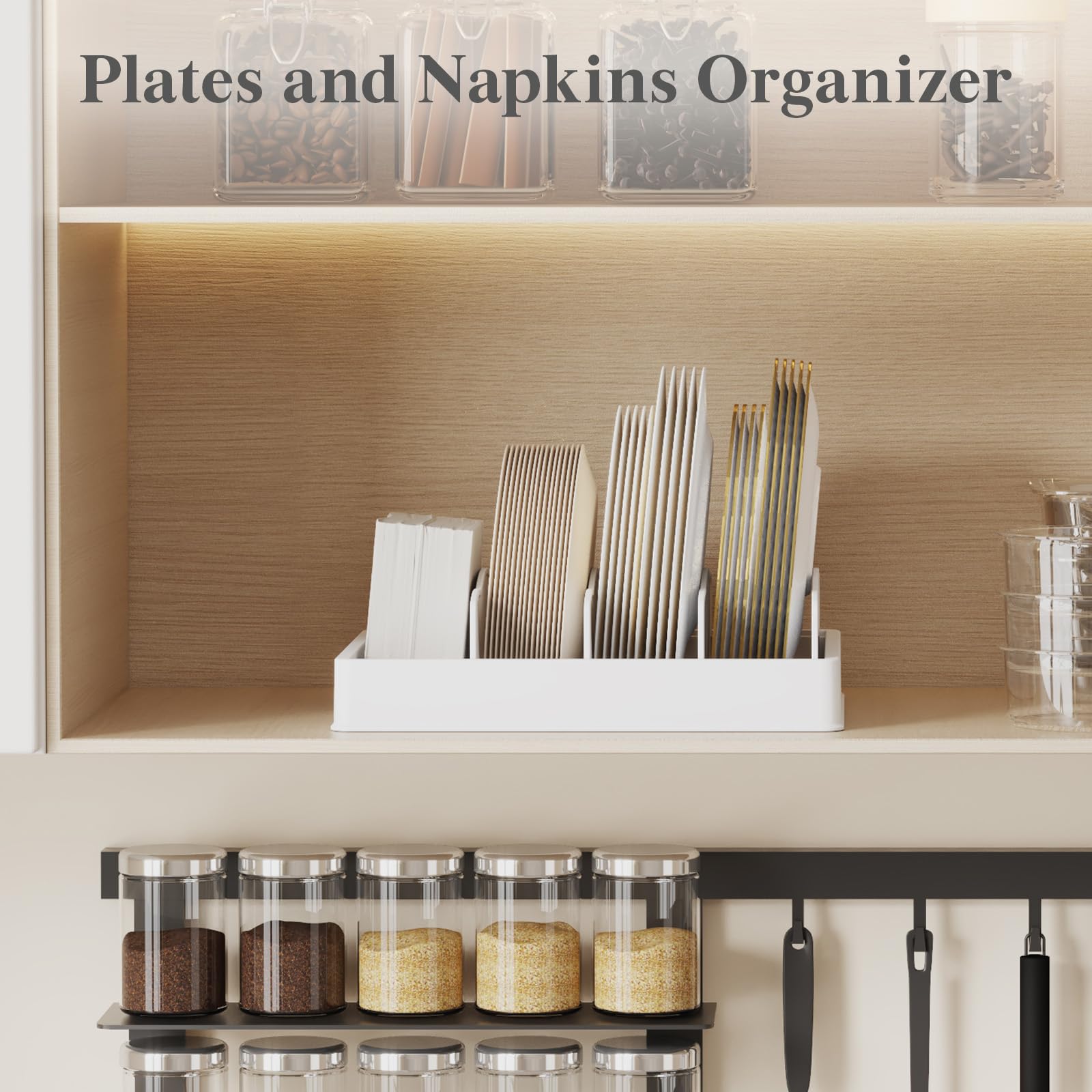 Lifewit Plastic Lid Organizers for Inside Cabinet, Food Storage Container Lids Holder with 5 Inserts & 6 Adjustable Sections, Plates, Bowls Storage for Deep Drawer in Kitchen, 13" x 10"
