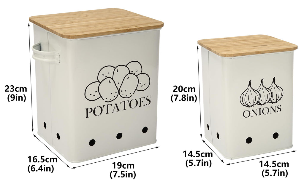 Xbopetda Potato Onion Storage Bin, Kitchen Storage Canister Set of 2, Kitchen Pantry Organizer Tin - Vegetable Fresh Keeper with Aerating Tin Storage Holes & Wooden Lid (White)
