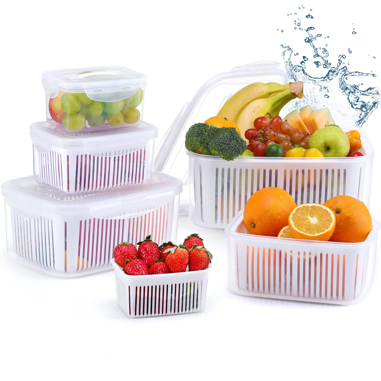 5Pack Fresh Food Storage Containers Fridge,Luxear Microwave Dishwasher Safe Produce Saver Box with Handle,Drain Baskets&Lid,BPA Free Fresh Keeper Refrigerator Organizer for Fruits,Vegetable,White