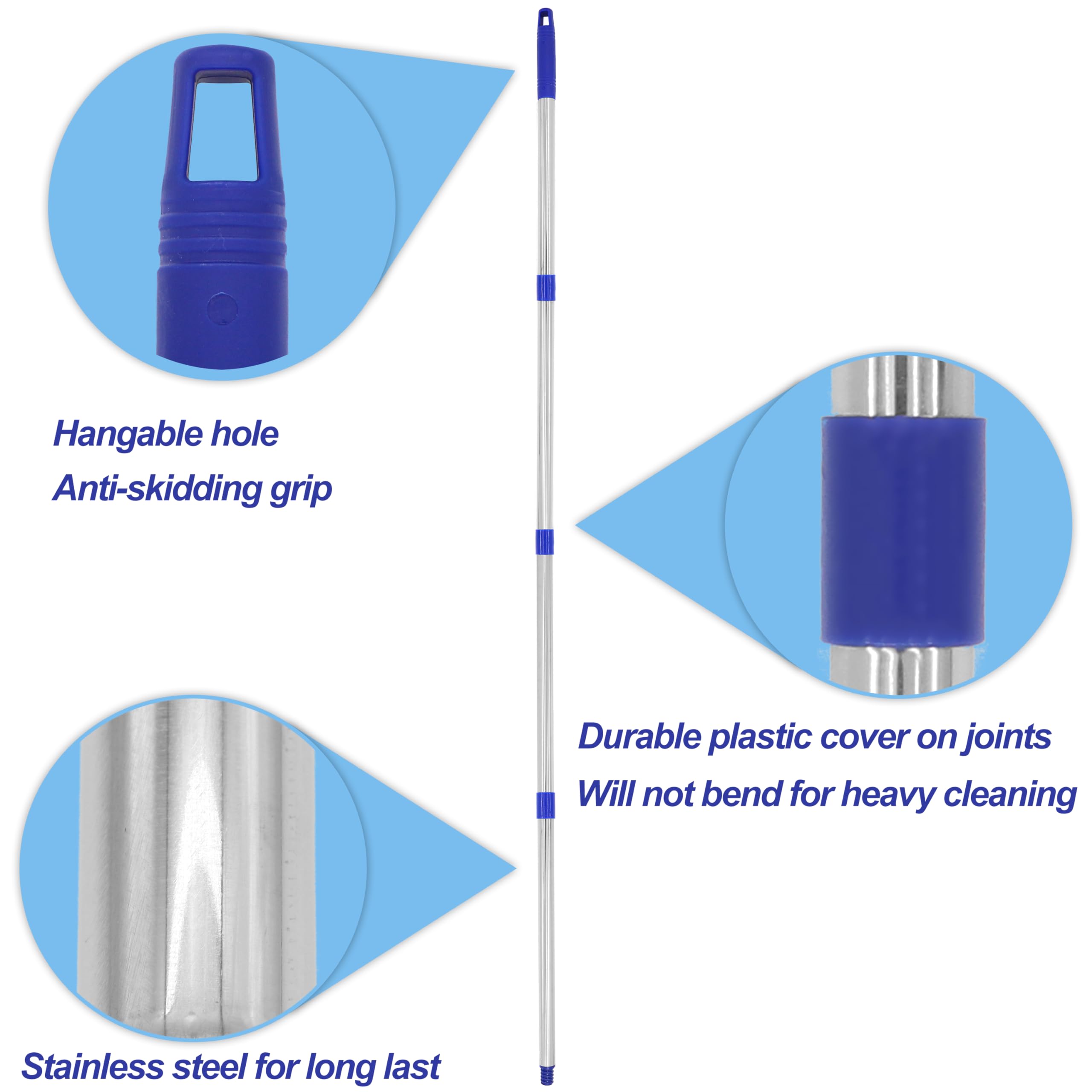 Cotton Cloth Mop, 4 Section Stainless Steel Pole + Two Cotton String Mop Heads White
