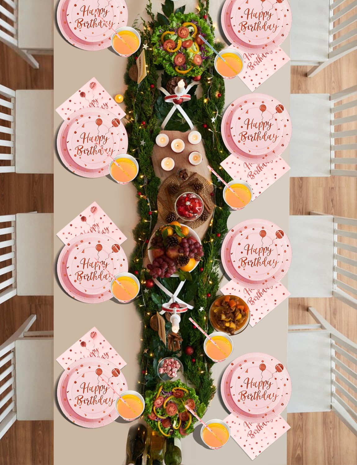 Nkaiso Party Tableware 121Pcs Pink and Rosegold Happy Birthday Theme Kids Birthday Decoration Party Accessories Set Includes Paper Plates Napkins Cups, for Party Supplies-24 Guests