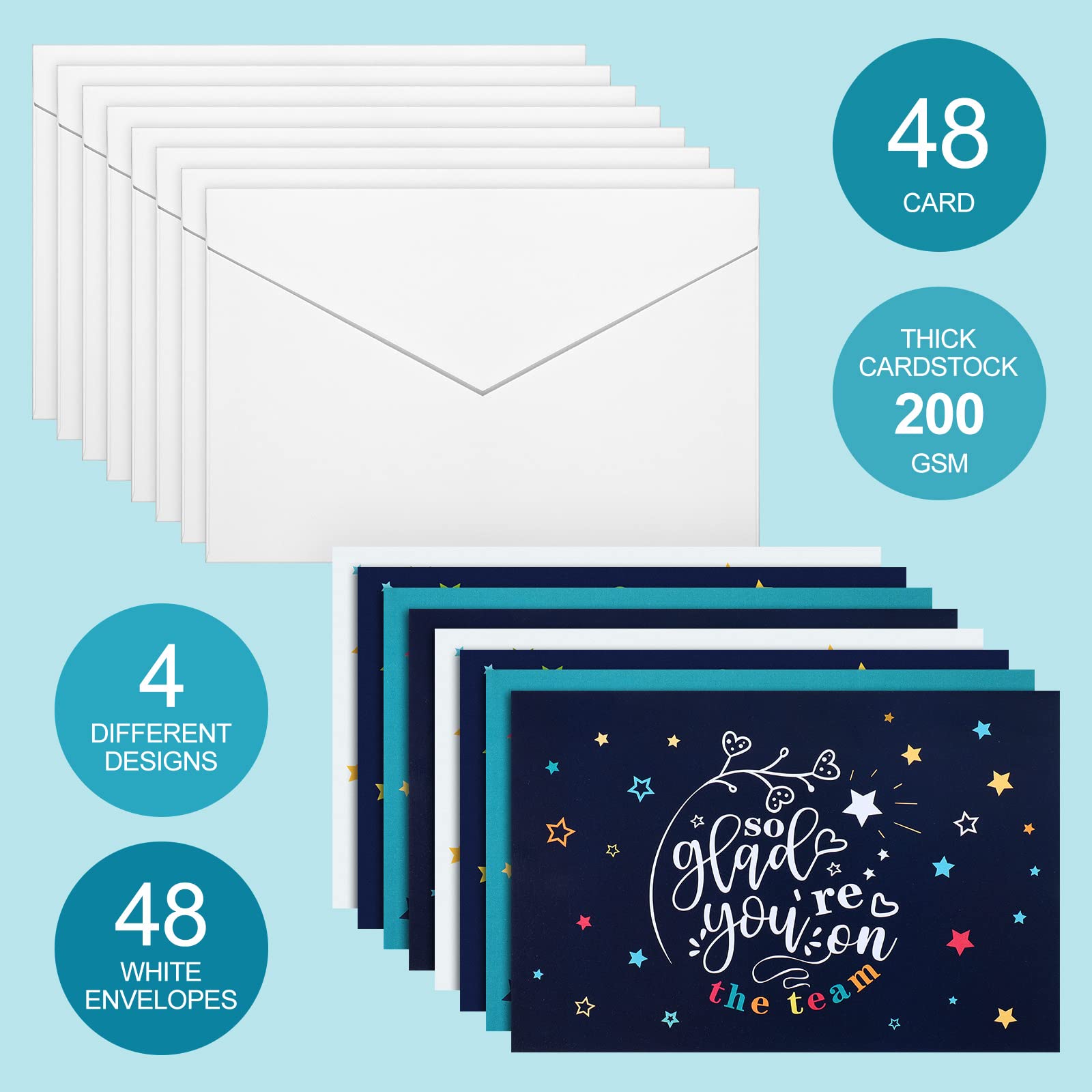 48 Pack Employee Appreciation Cards with 48 Envelopes So Glad You're on The Team Work Anniversary Cards Welcome Cards Employee Funny Thank You Cards for Recognition Gifts, 7.8 x 6 Inch (Star