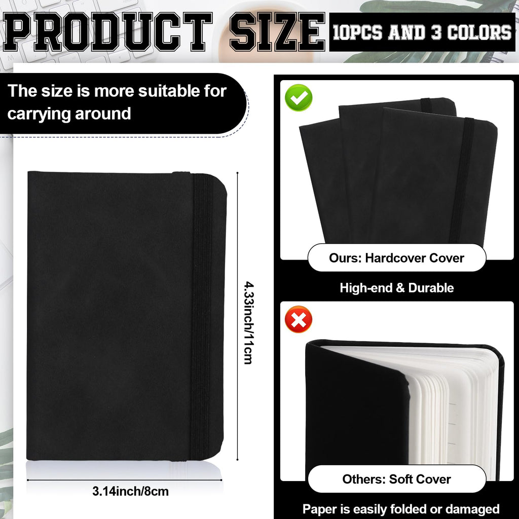 10 Pcs Leather Pocket Notebook A7 Note Book Pocket Hardcover Notepad 3 x 4 Inch Mini Notepad Tiny Lined Journal Notebook With Elastic Band 200 Pages for Office Home School Writing Supplies (Black)