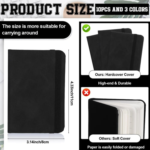 10 Pcs Leather Pocket Notebook A7 Note Book Pocket Hardcover Notepad 3 x 4 Inch Mini Notepad Tiny Lined Journal Notebook With Elastic Band 200 Pages for Office Home School Writing Supplies (Black)