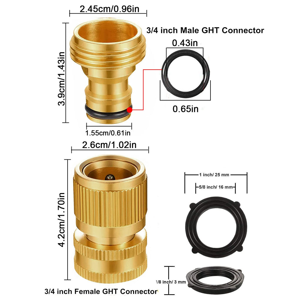 Garden Hose Quick Connectors, Solid Brass 3/4 inch GHT Thread Easy Connect Fittings No-Leak Water Hose Male Female Value Pack (5 Set) with 10pcs Extra Rubber