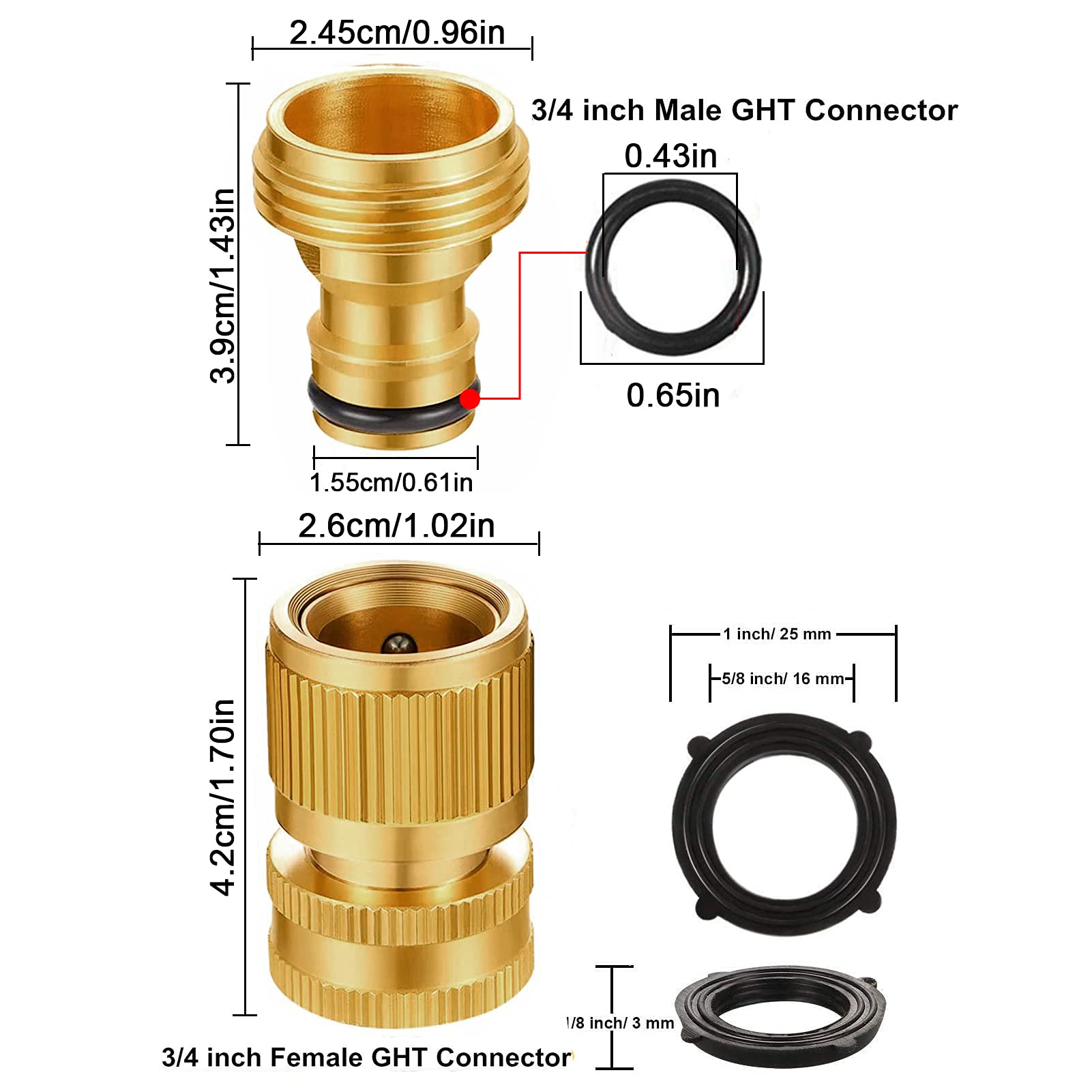 Garden Hose Quick Connectors, Solid Brass 3/4 inch GHT Thread Easy Connect Fittings No-Leak Water Hose Male Female Value Pack (5 Set) with 10pcs Extra Rubber