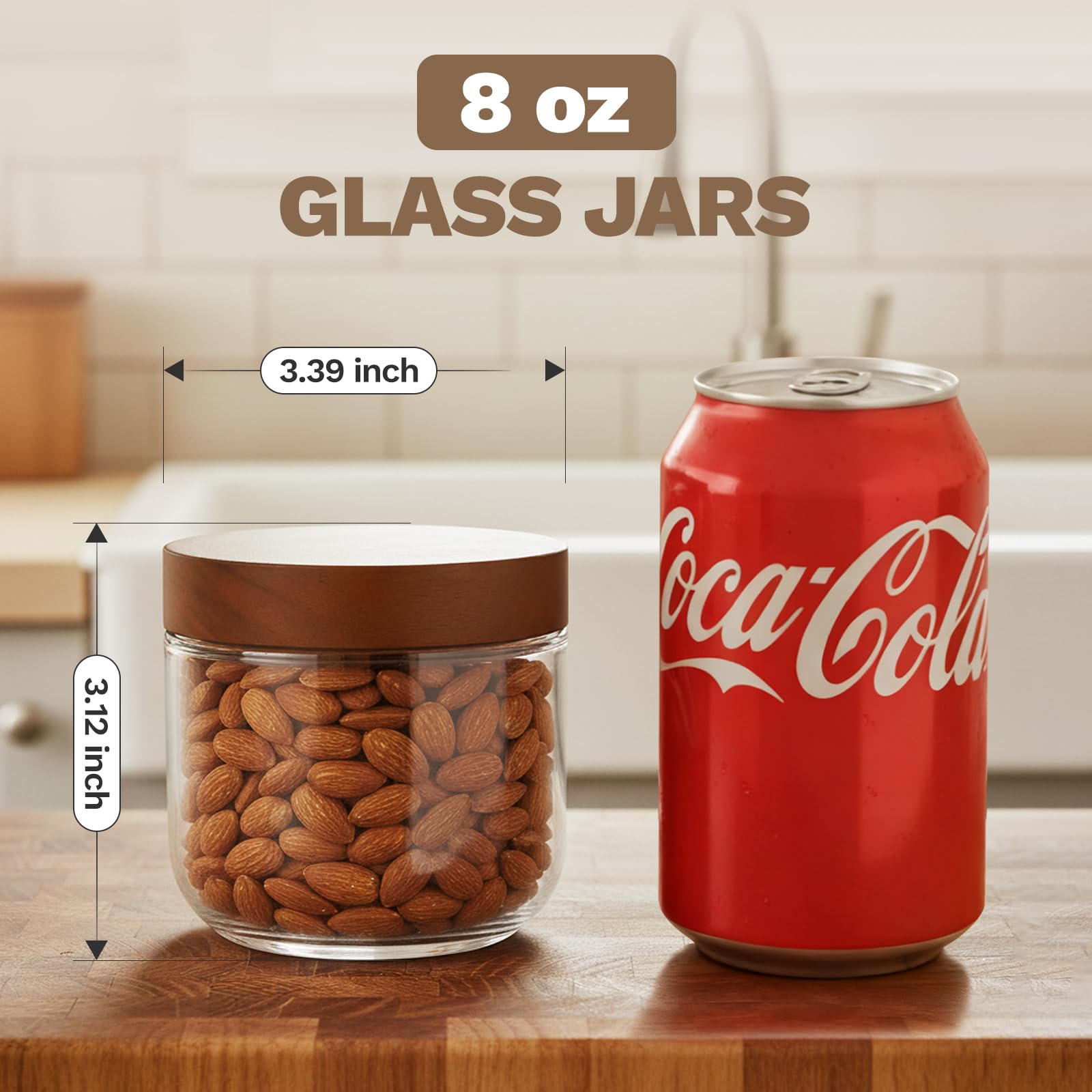 Bumobum 250ml(8oz) Glass Mason Jars with Lids, Small Glass Container with Acacia Wood Airtight Lid, Wide Mouth Canisters for Chia Pudding Meal Prep Parfait Salad Snacks Yogurt Spice, 4-Pack