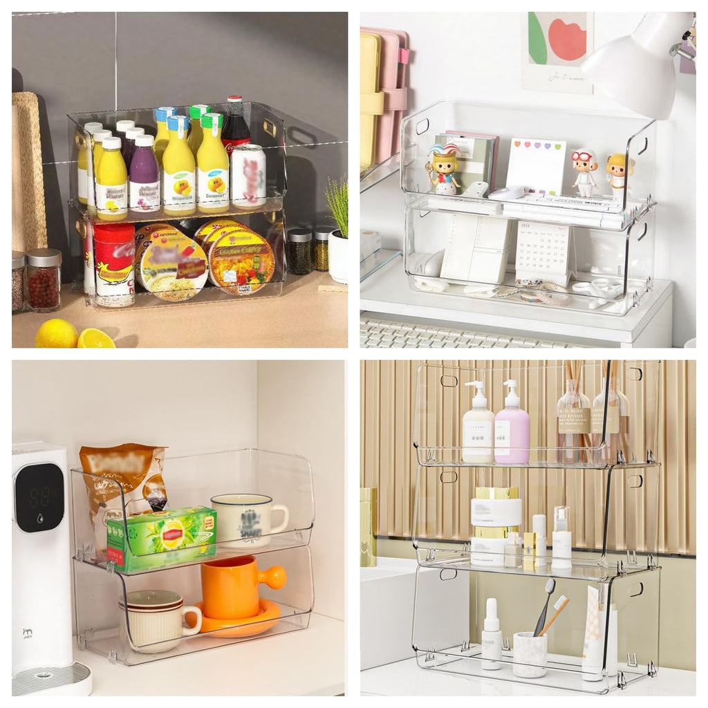 Nicunom 2 Pack Stackable Plastic Storage Bins Open Front, Clear Pantry Organizer Bin Household Food Storage Bin for Kitchen Countertops Cabinet Shelf Fridge