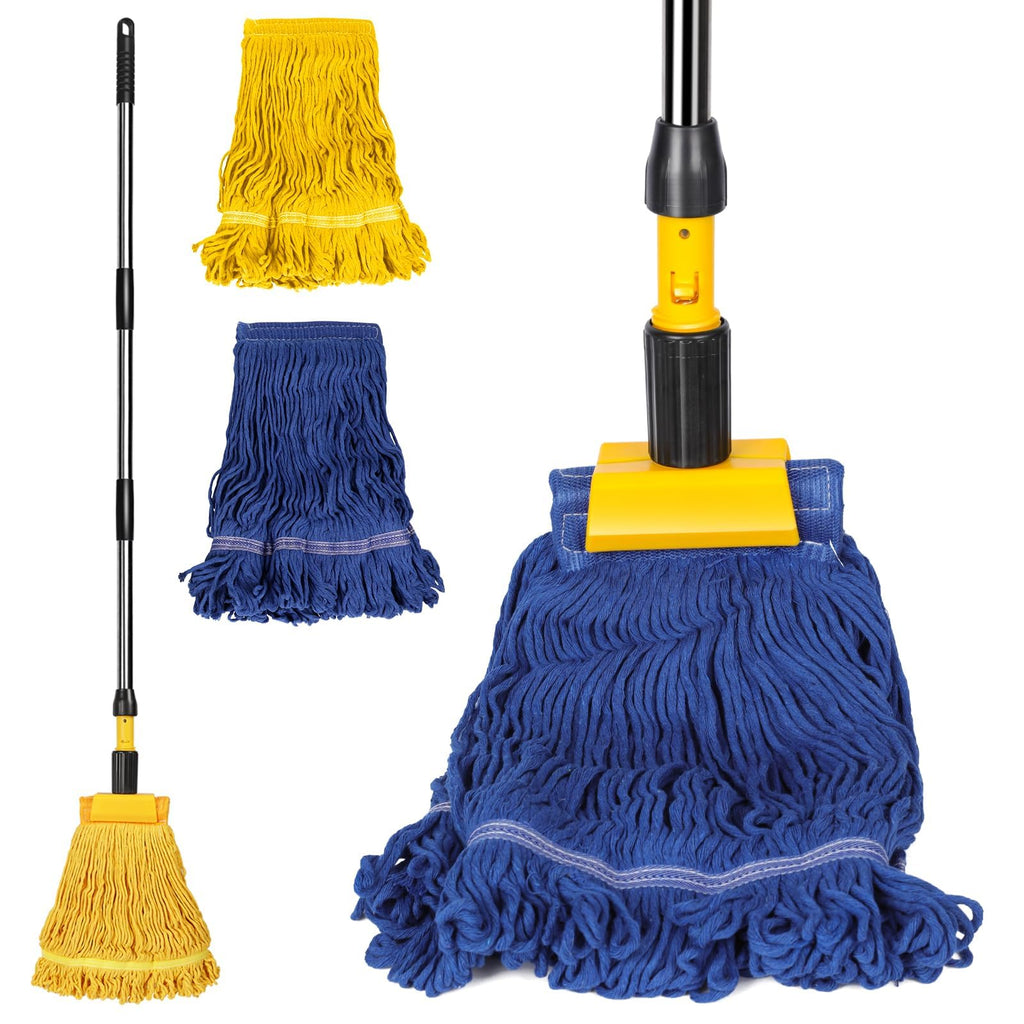 Almcmy Commercial Mop, Heavy Duty Industrial Mop with 2 Replacement Heads, 57" Long Handle, Looped-End String Wet Mops for Floor Cleaning, Janitorial Mops for Home Kitchen Garage Workshop Warehouse