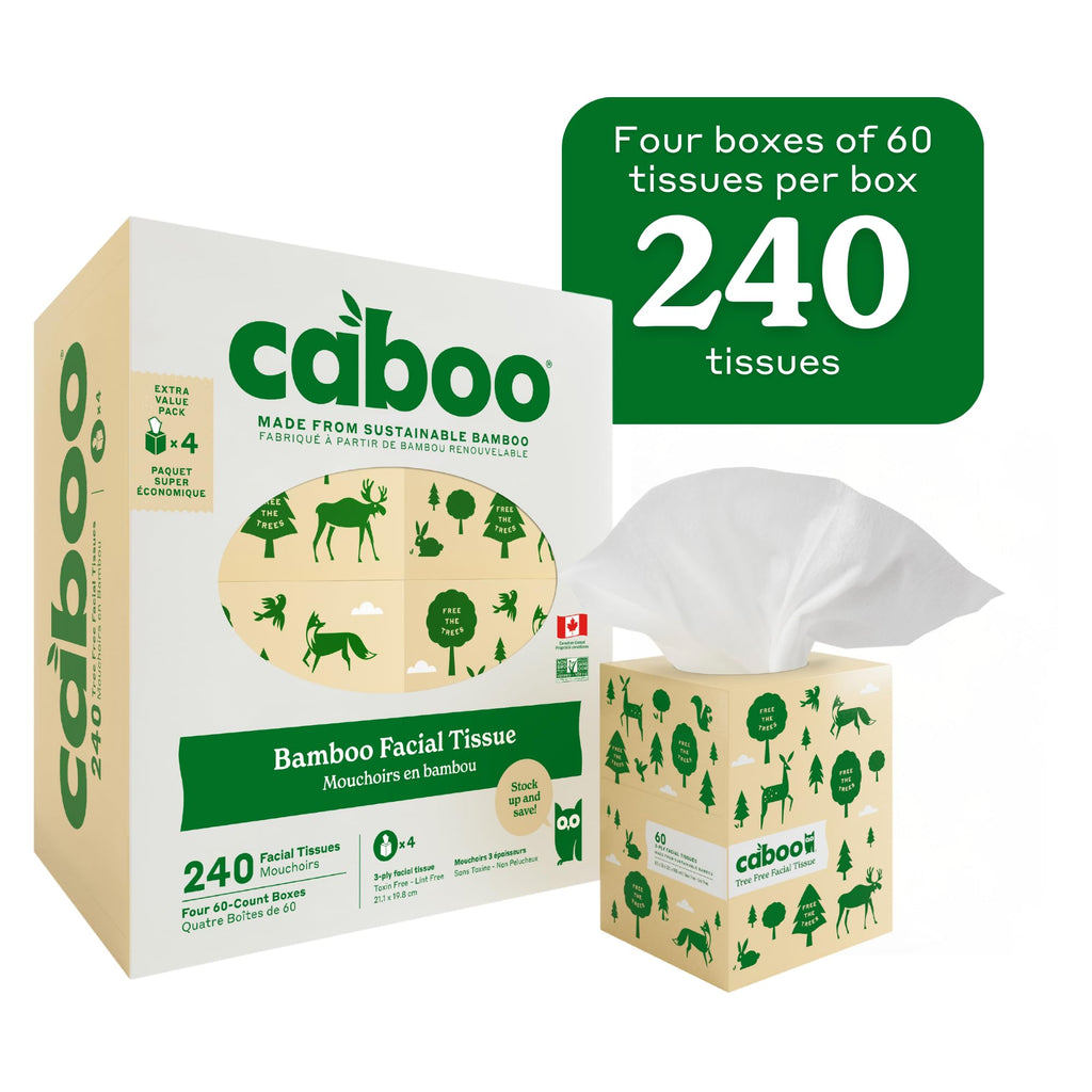 Caboo Tree Free Facial Tissues, 3 Ply Natural Tissue Paper, Pack of 4, Hypoallergenic Tissue Boxes, 60 Tissues Per Box, 240 Total Tissues