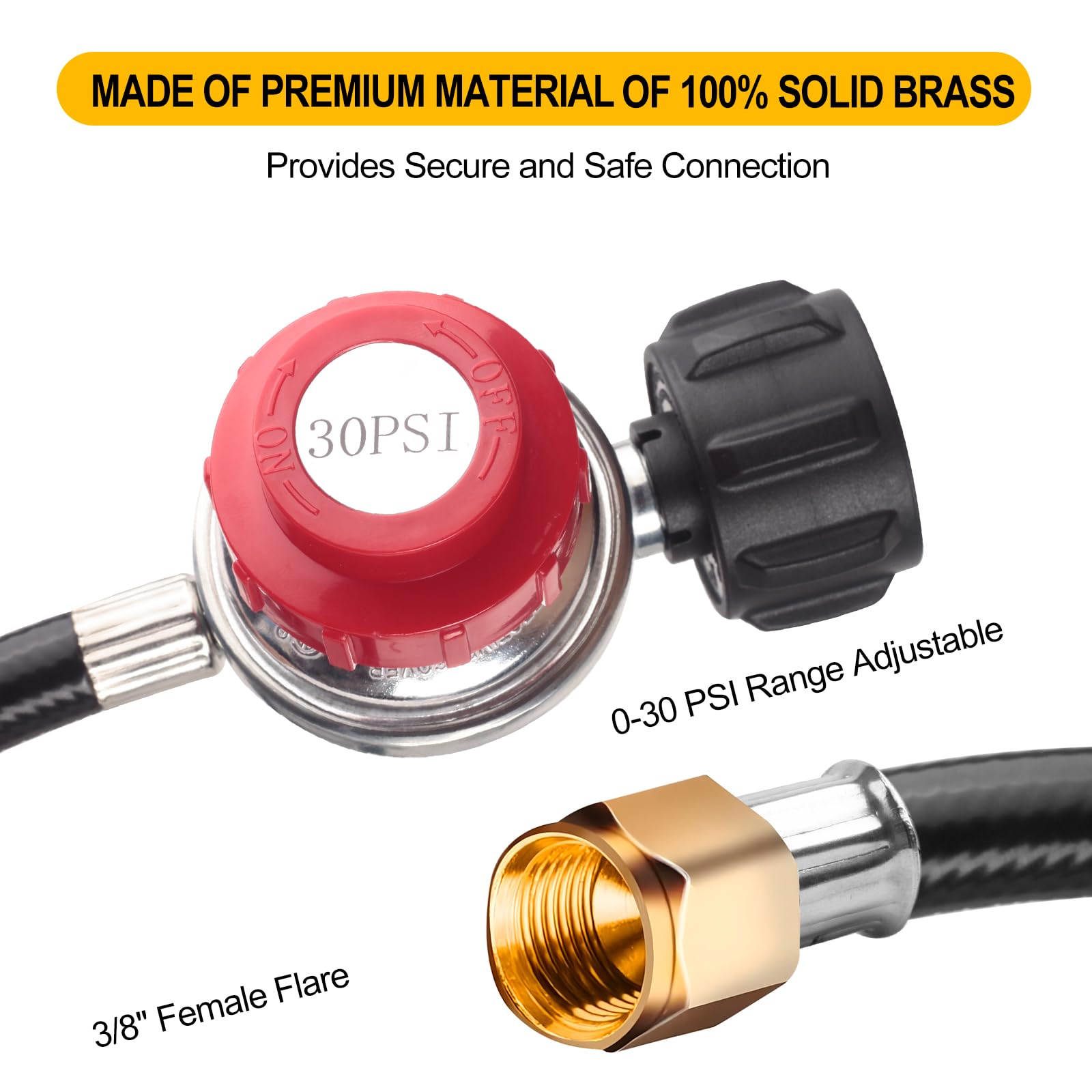 Onlyflame 12FT High Pressure 0-30 PSI Adjustable Propane Regulator and Hose - Grill Connector with Hose for Tabletop Grill, Fire Pit, Turkey Fryer and More