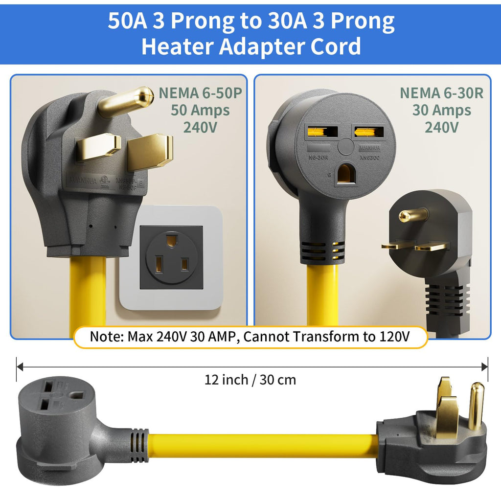 LudoPam Power Cord Adapter, 1 Feet, NEMA 6-50P to 6-30R, 50A to 30A Generator Welder Dryer Converter, Yellow