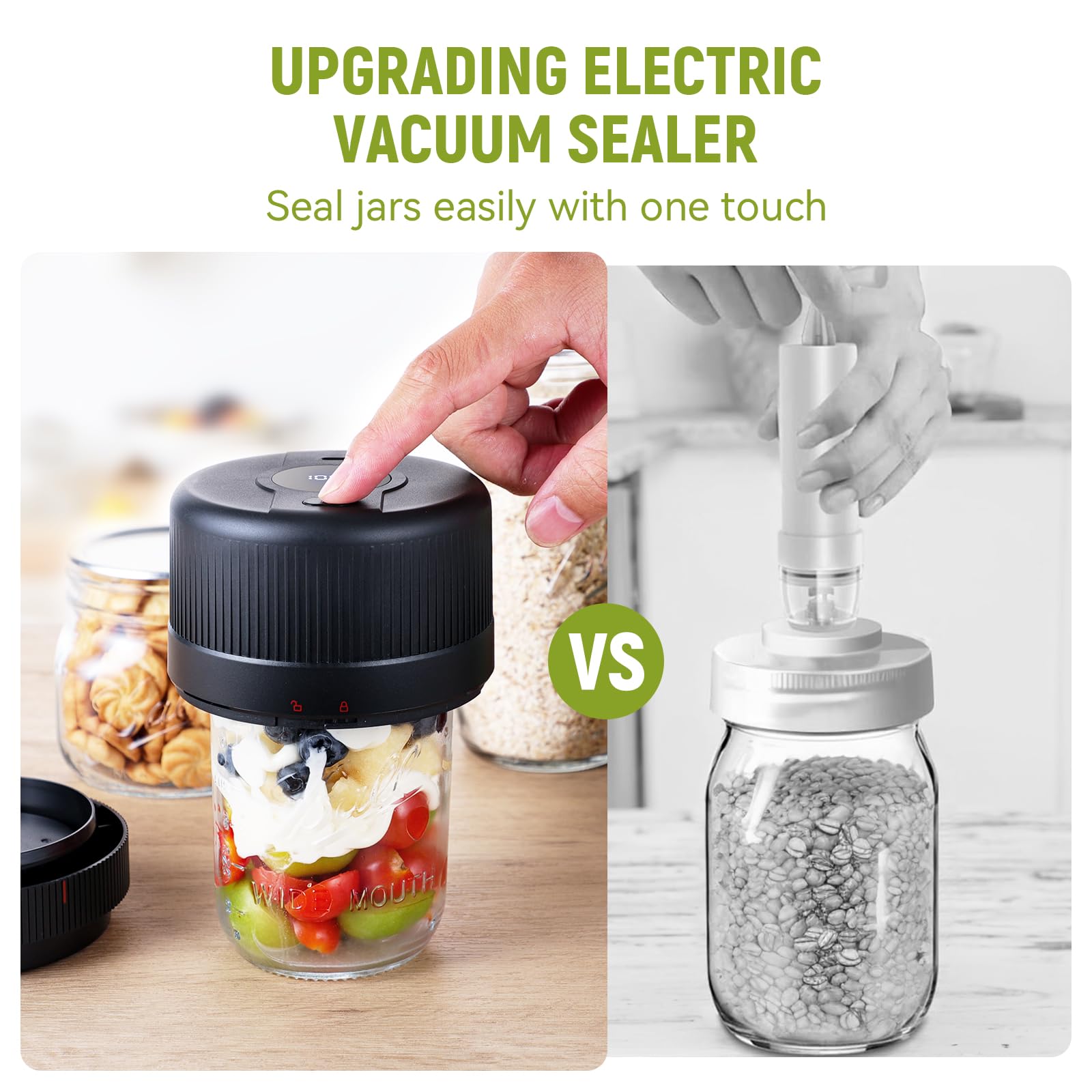 Yonktoo Electric Mason Jar Vacuum Sealer Kit with Auto-Stop Cordless One-Button Vacuum Sealer for Wide & Regular Mouth Jars, LED Display, Includes 8 Lids for Food Storage & Canning