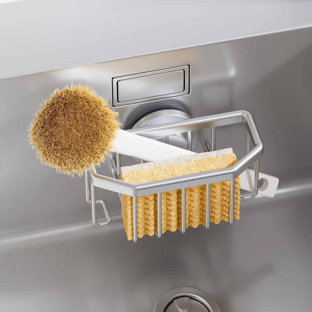 TAILI Sponge Holder with Strong Suction Cup, Dish Sponge Caddy Inside Sink Removable, Rustproof Aluminum for Brushes, Stoppers and Scrapers - Silver