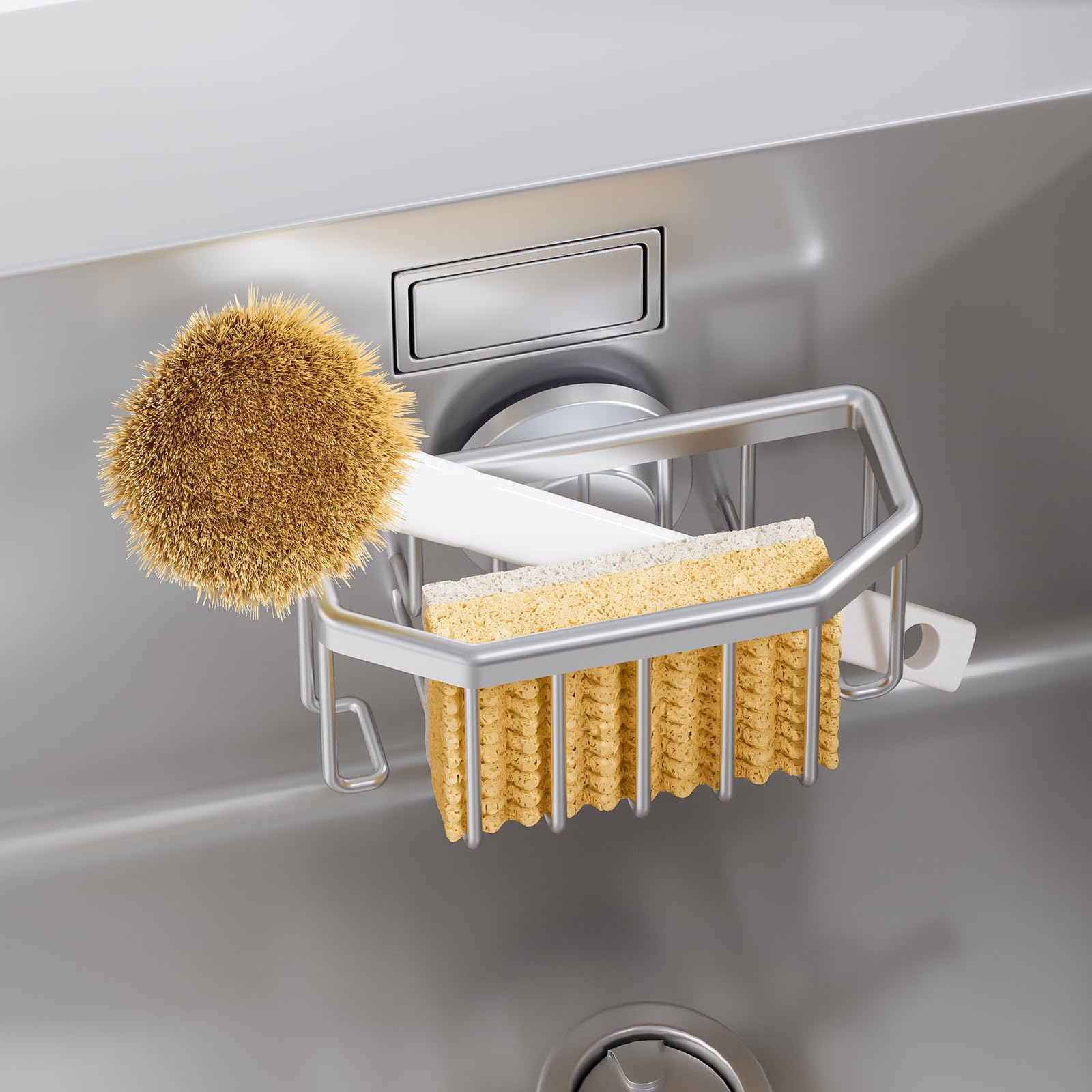 TAILI Sponge Holder with Strong Suction Cup, Dish Sponge Caddy Inside Sink Removable, Rustproof Aluminum for Brushes, Stoppers and Scrapers - Silver