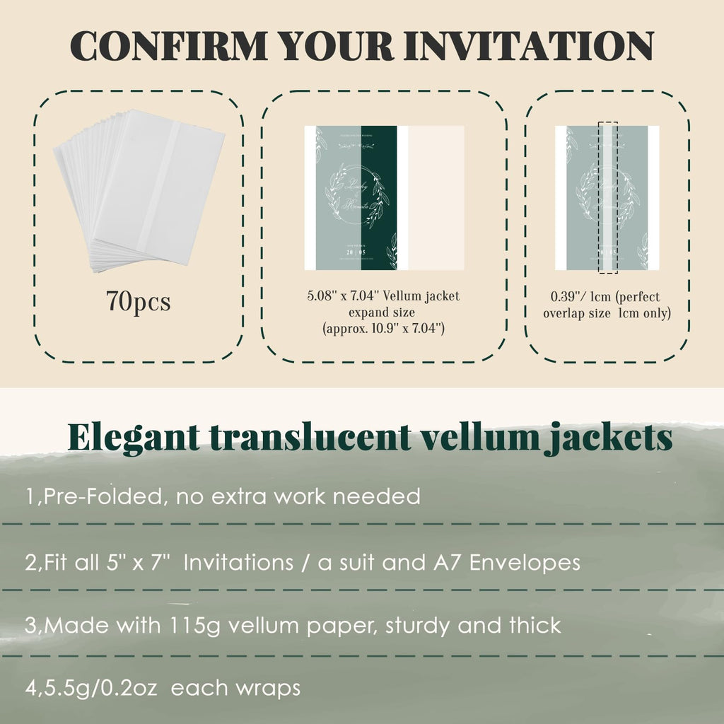 UNIQOOO 70 Pack Frosted Vellum Jackets for 5x7 Invitations, Luxury Pre-Folded Vellum Paper, 115GSM Wedding Envelopes