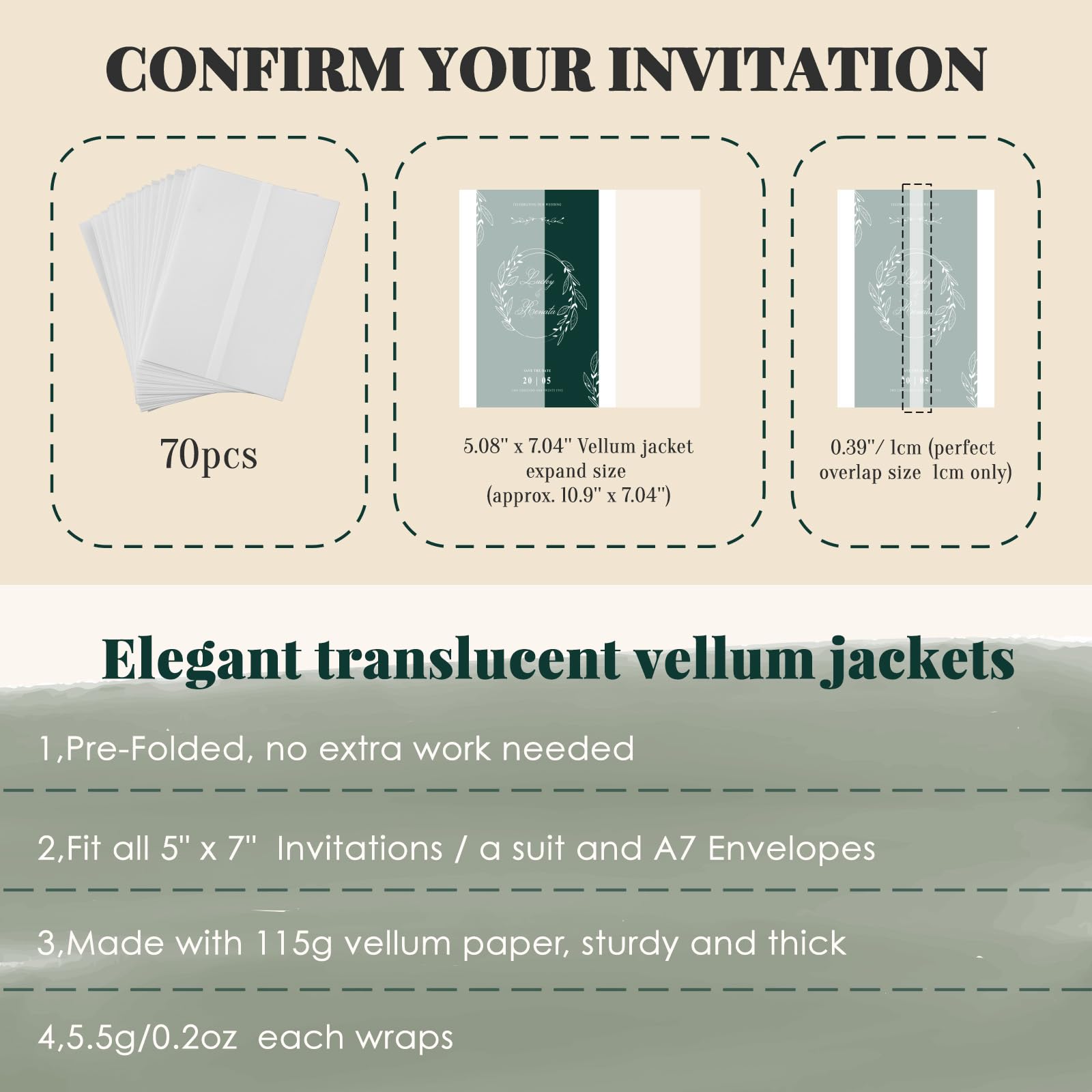 UNIQOOO 70 Pack Frosted Vellum Jackets for 5x7 Invitations, Luxury Pre-Folded Vellum Paper, 115GSM Wedding Envelopes