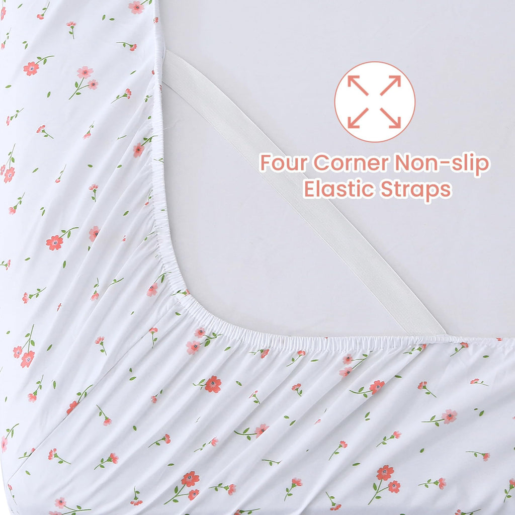 Softan Pink Floral Full Sheet Set Printed Sheets Double - 4 Piece Microfiber Patterned Fitted Sheets with 15" Deep Pocket, Cute Pink Flower Sheets with Straps
