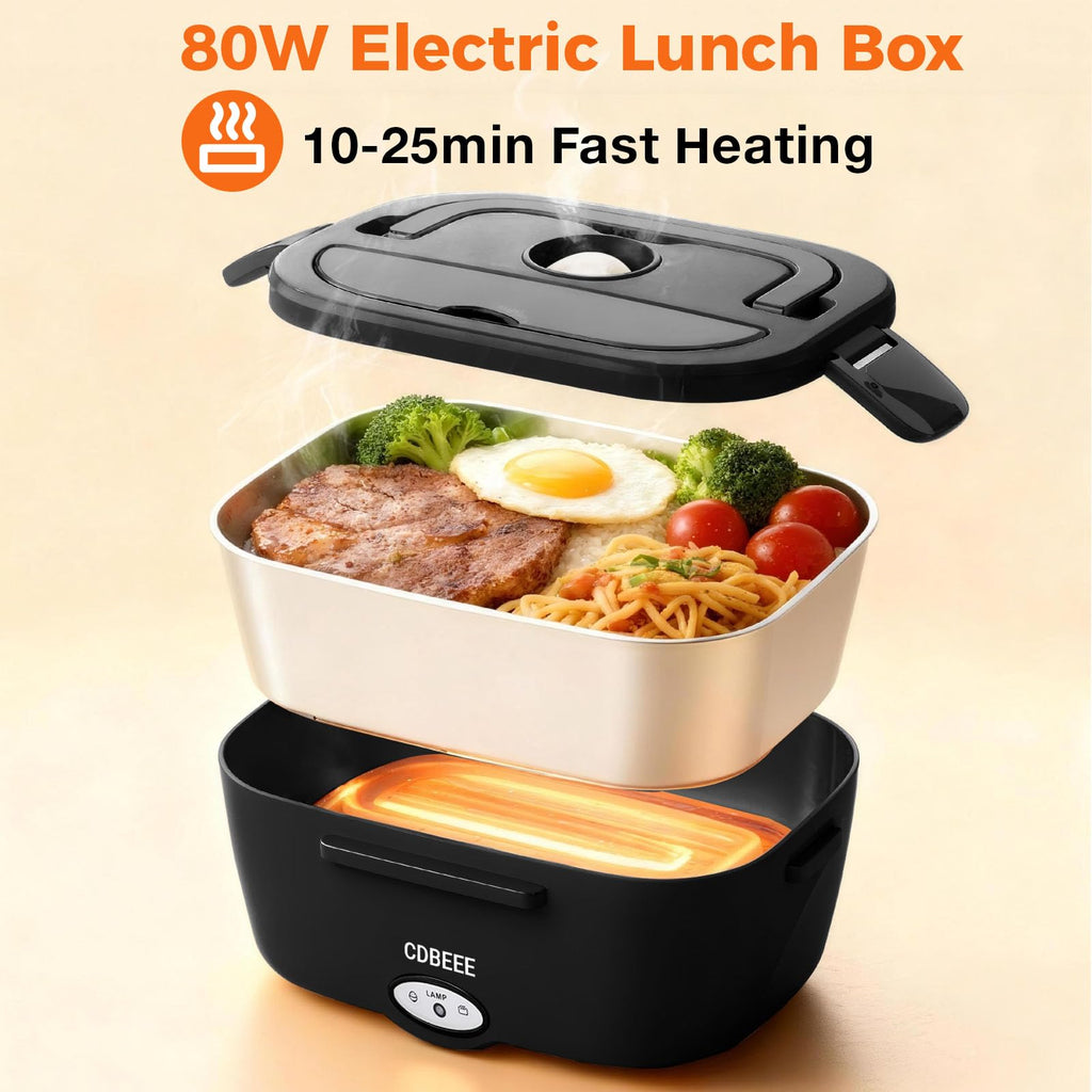 Electric Lunch Box Food Heater| 80W Rapid Heating 3-in-1 (Car 12V/24V & Home 110V) | 1.5L Portable Food Warmer Leak-Proof 304 Stainless Steel | Perfect for Work, Travel, On-The-GO (1.5L-Black)