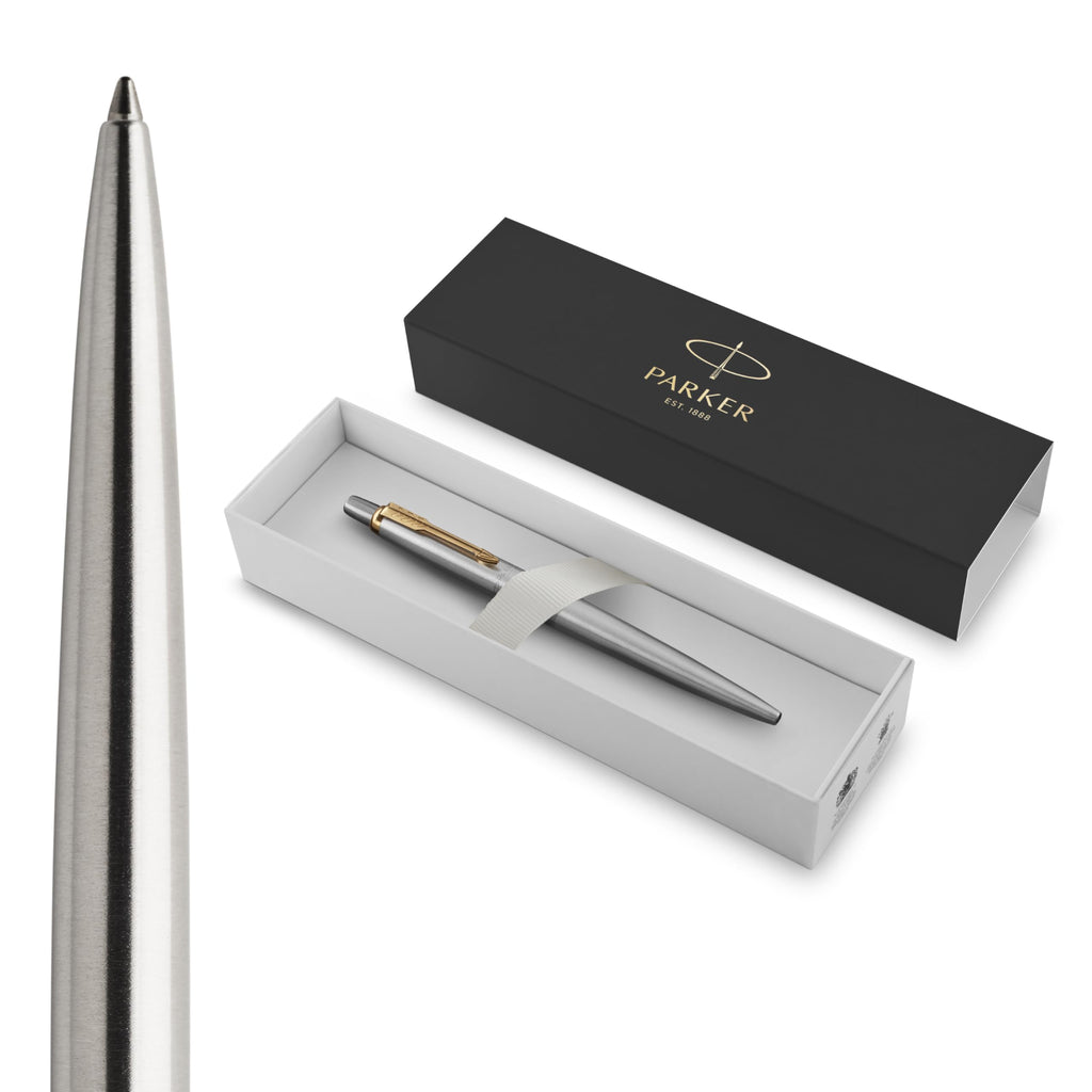 Parker Jotter Ballpoint Pen, Stainless Steel with Chrome Trim, Medium Point, Blue Ink, Gift Box, ‎1 Count (Pack of 1)