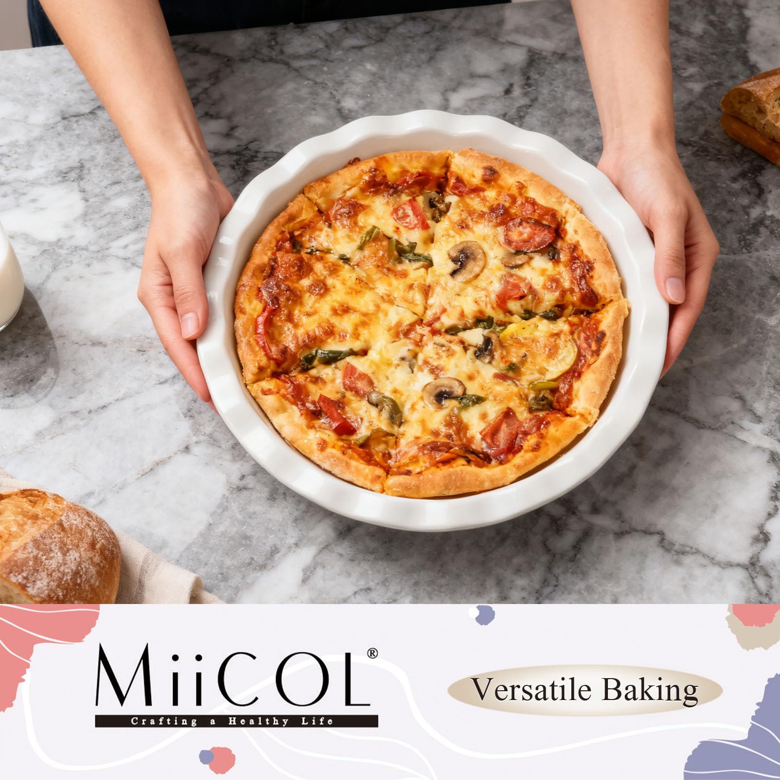 Miicol White Ceramic Pie Pan, 50 oz / 1500 ml Ripple Edge Deep Baking Dish, 9 Inch / 22 cm Round Ceramic Pie Plate, Suitable for Quiche, Apple Pie, Meat Pie, Ideal Gift for Baking Lovers