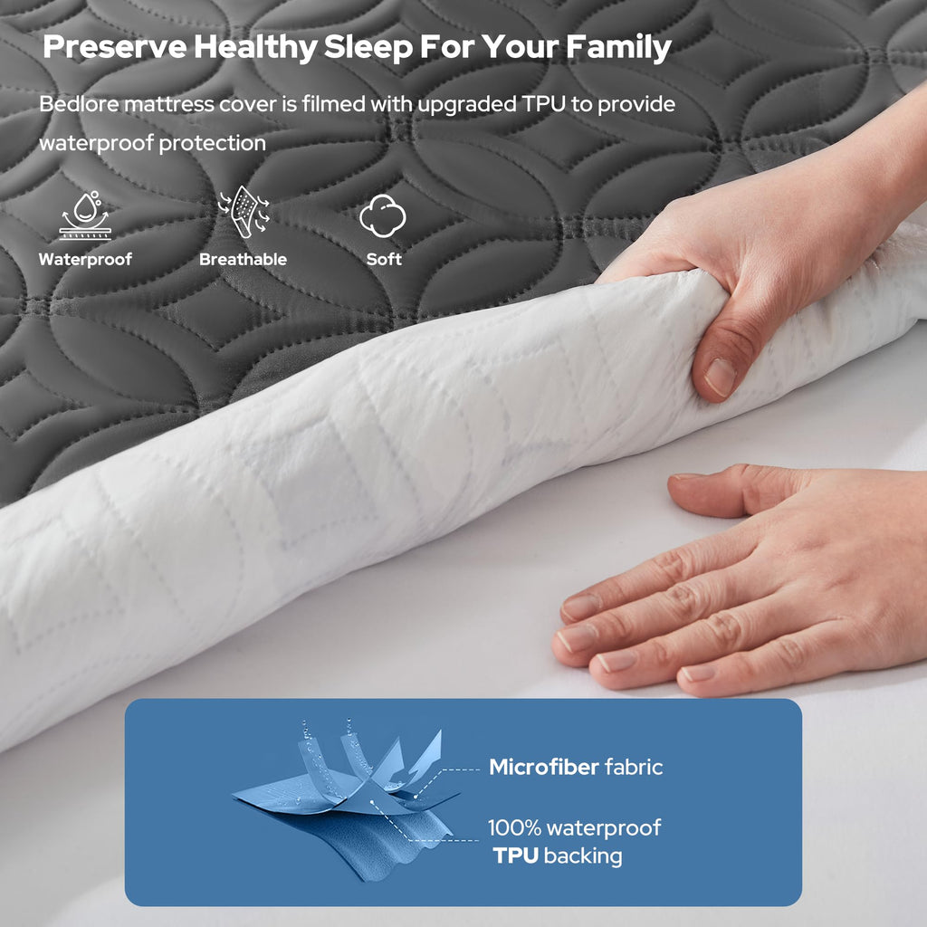 BEDLORE Waterproof Mattress Protector, Queen Size Mattress Pad Noiseless with Deep Pocket 6"-21" Depth, Soft & Breathable Dirt-Proof Bed Mattress Cover Washable for Home, Bedroom, Hotel (Gray)
