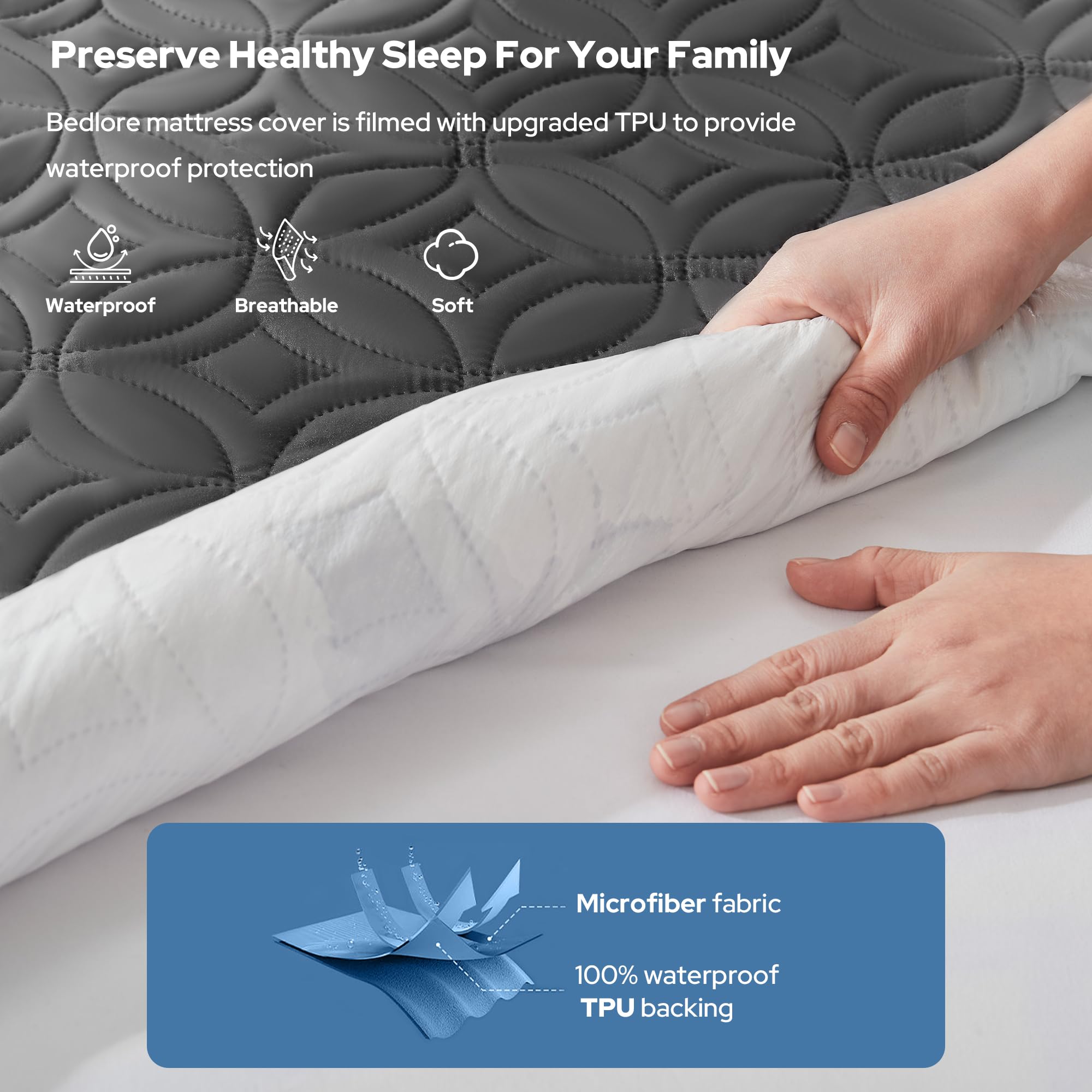BEDLORE Waterproof Mattress Protector, Queen Size Mattress Pad Noiseless with Deep Pocket 6"-21" Depth, Soft & Breathable Dirt-Proof Bed Mattress Cover Washable for Home, Bedroom, Hotel (Gray)