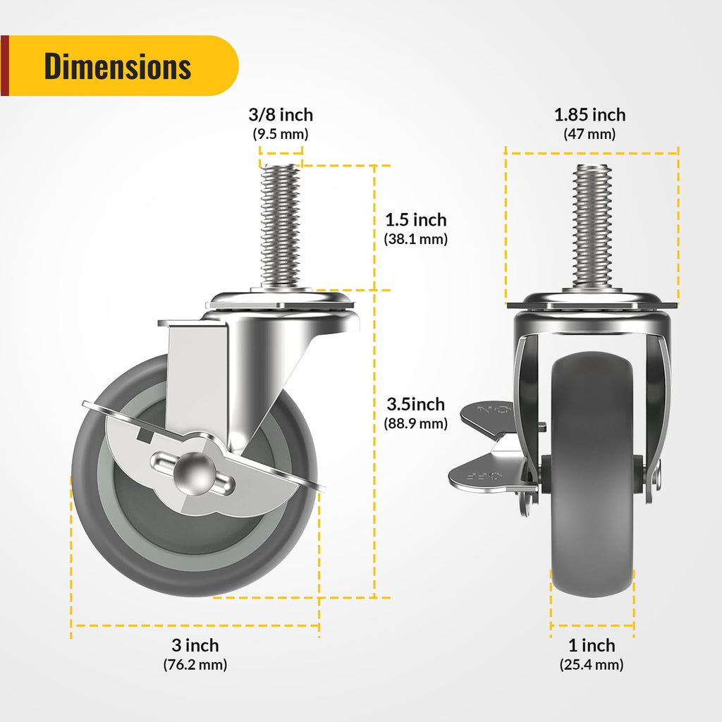 HOLKIE Caster Wheels 3 inch Locking Stem Casters, 3/8" -16 x 1-1/2" (Stem Diameter 3/8", Stem Length 1-1/2") Threaded Stem Casters Swivel Casters Set of 4 Heavy Duty Castors, Gray Caster for Furniture