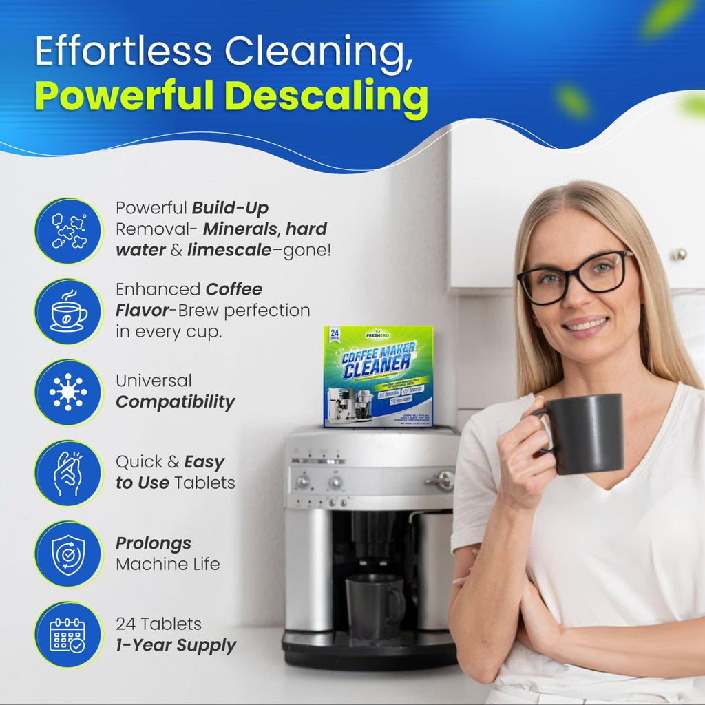 Freshero Coffee Machine Cleaner & Descaler Tablets – 24 Count, Compatible With Keurig, Breville, Ninja, Delonghi, Miele & Espresso Machines, Universal Cleaning Tabs for Coffee Maker Pots (24.0)