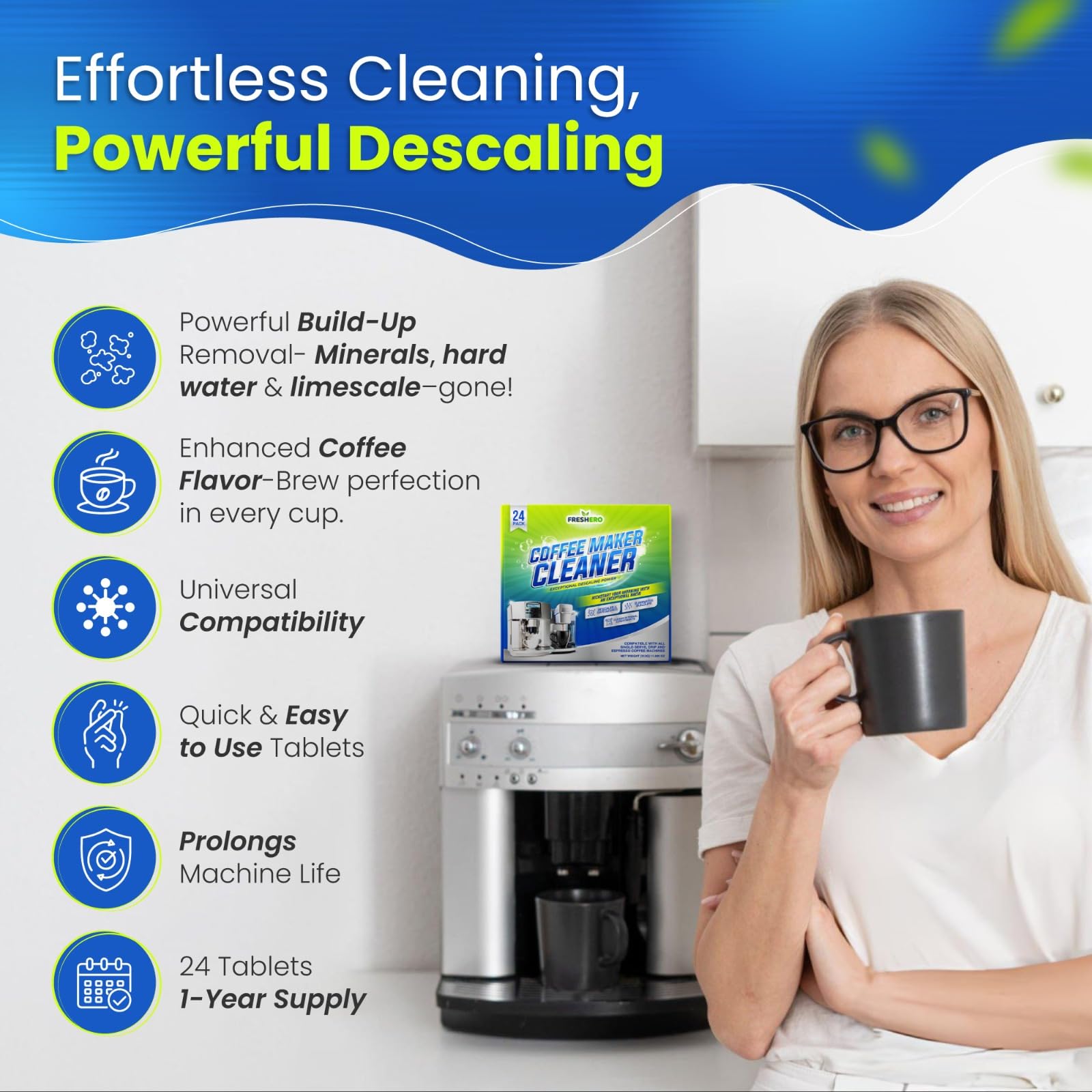 Freshero Coffee Machine Cleaner & Descaler Tablets – 24 Count, Compatible With Keurig, Breville, Ninja, Delonghi, Miele & Espresso Machines, Universal Cleaning Tabs for Coffee Maker Pots (24.0)