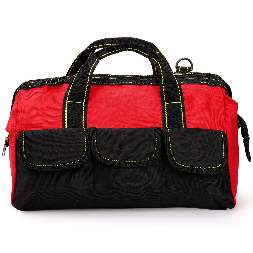 Hiceeden 16 Inch Wide Mouth Tool Bag, Collapsible Tool Tote with Waterproof Coating and Adjustable Strap, Portable Electrician Tool Organizer Handbag with 5 Outside Pockets, Red