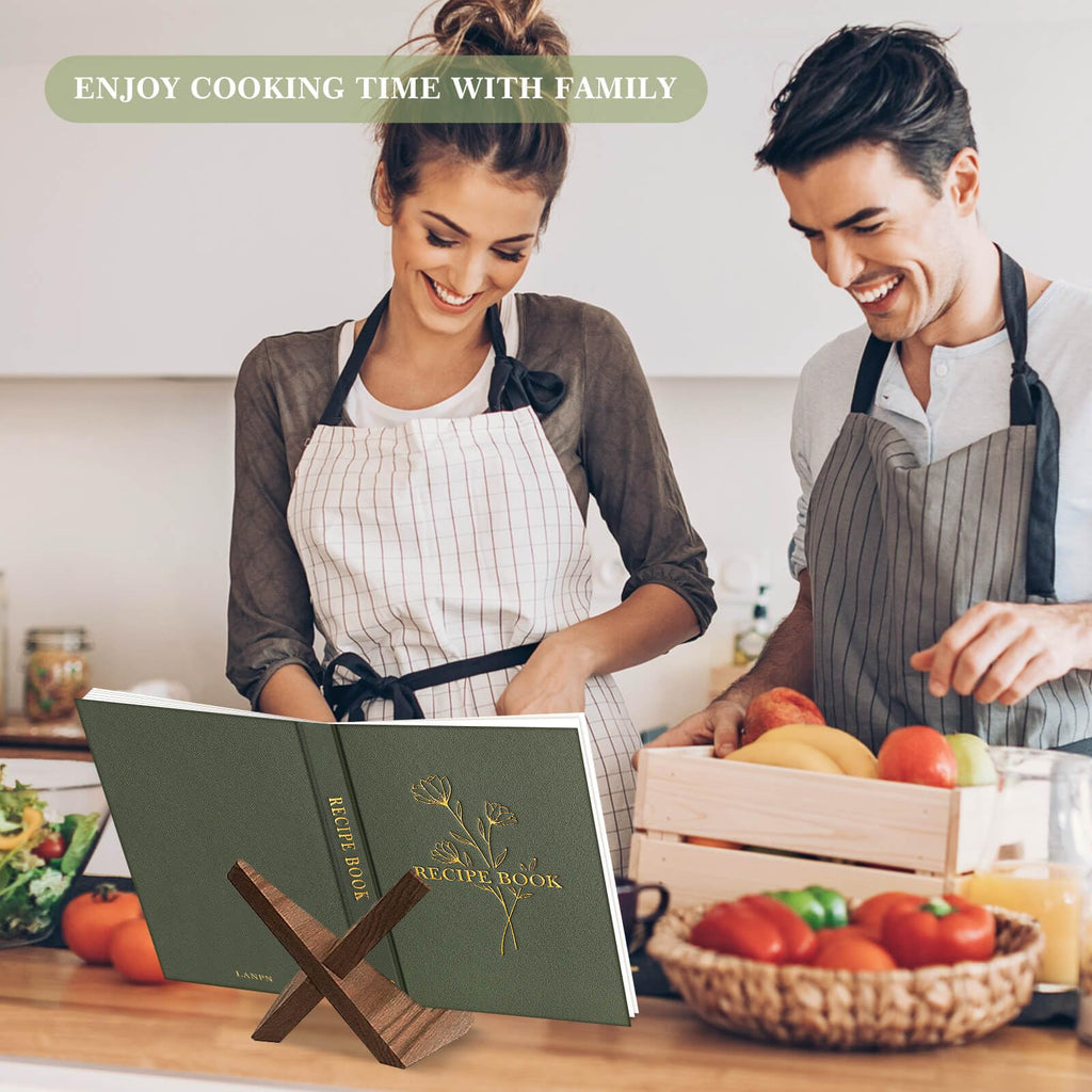 Lanpn Blank Recipe Book Cookbook to Write in Your Own Recipes, Waterproof A5 Empty Cooking Journal for 70 Recipes, Leather Cover Recipe Notebook with Stickers to Organize Your Family Recipes, Green