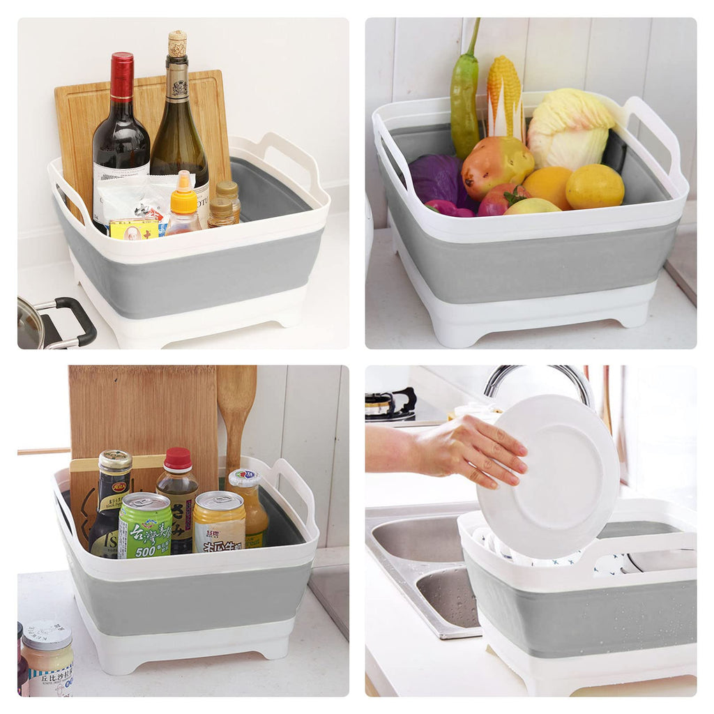 Ikaufen Dishpan for Washing Dishes, 9L (2.4Gallon) Collapsible Wash Basin with Drain Plug Carry Handles, Collapsible Bucket for Cleaning, Vegetable Washing, RV(Grey)