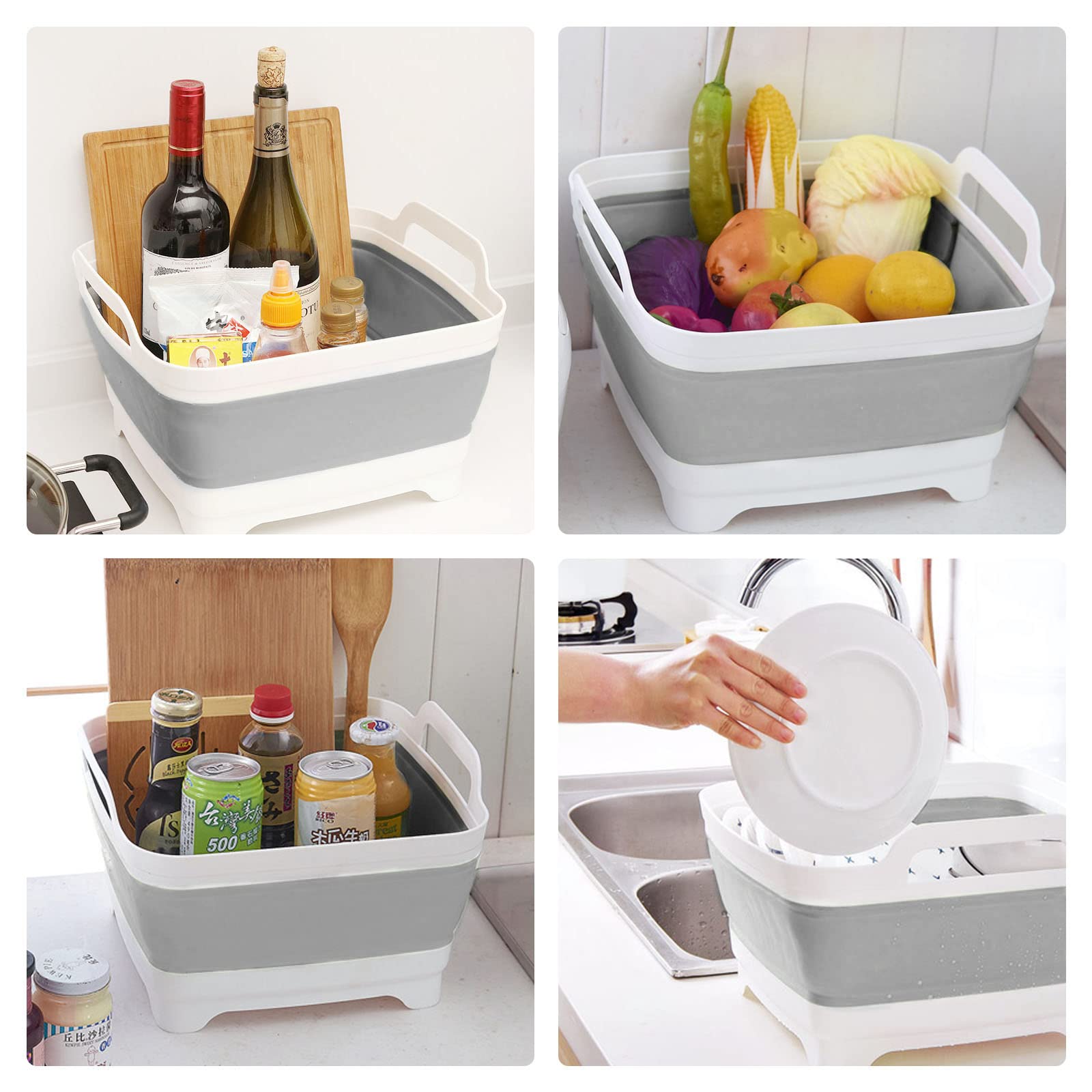 Ikaufen Dishpan for Washing Dishes, 9L (2.4Gallon) Collapsible Wash Basin with Drain Plug Carry Handles, Collapsible Bucket for Cleaning, Vegetable Washing, RV(Grey)