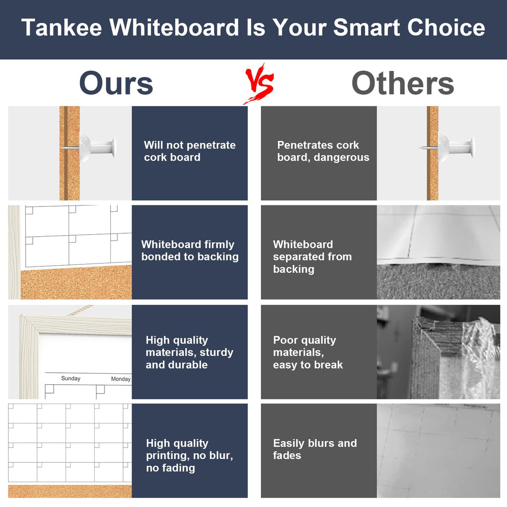 TANKEE 17"x13" Whiteboard Calendar Cork Board Combo, Magnetic White Board Monthly Calendar with Wood Framed, Hanging Dry Erase Board for Kitchen Home Office Planner
