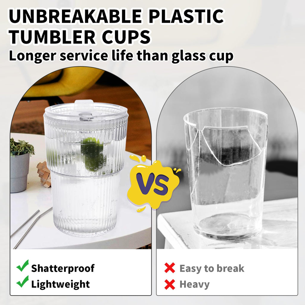 RÉΑLWÁY Iced Coffee Cups with Lids and Straws Set of 4, 16 OZ Unbreakable Plastic Drinking Glasses Reusable Iced Coffee Glass to Go Cup for Iced Tea,Juice, Water,BPA Free, Dishwasher Safe