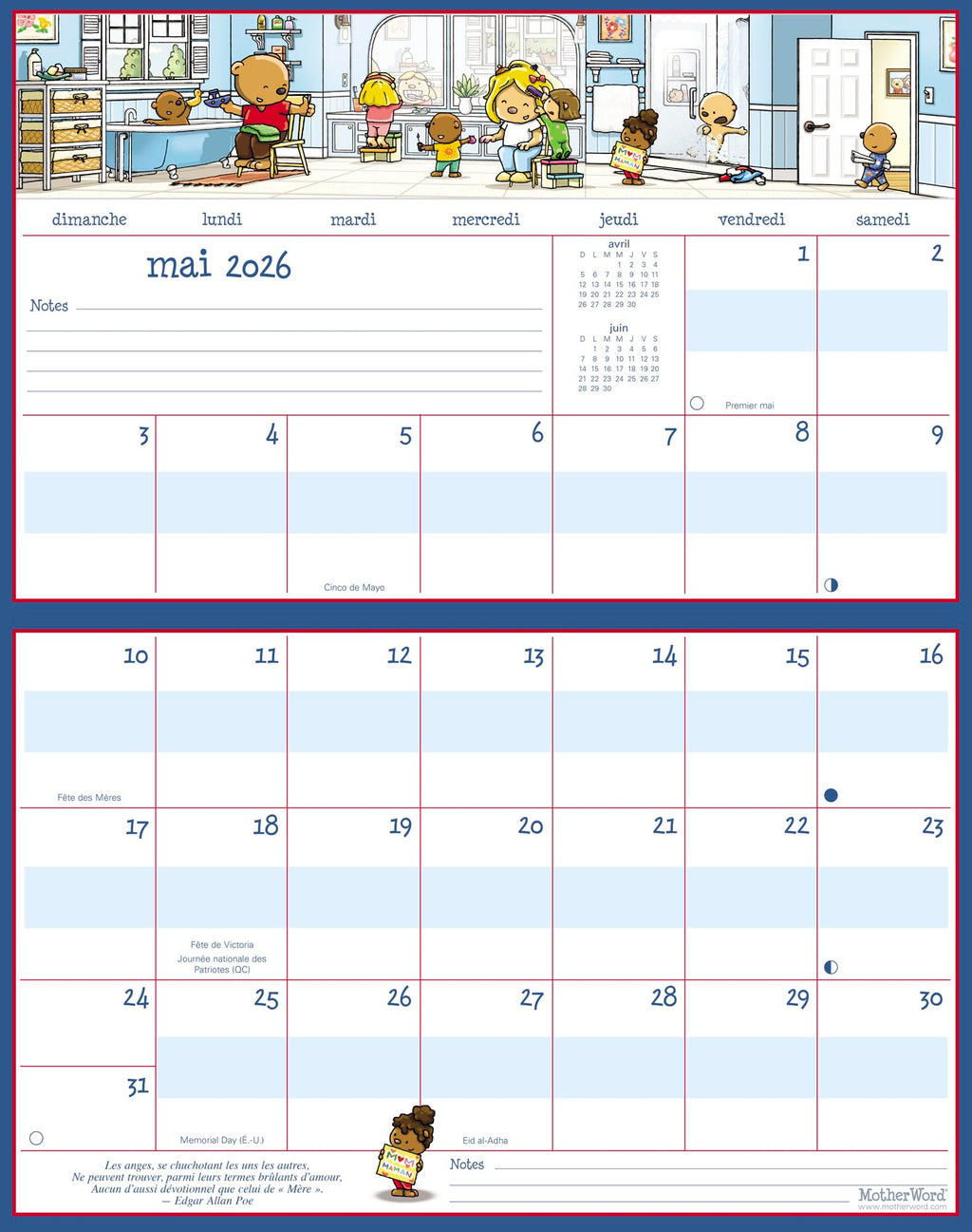 2026 MotherWord Ultimate Fridge Magnetic Hanging Family Calendar, 16-Month Family Planner, Sept 2025 - Dec 2026, French, Medium Side by Side Version, 15" x 9.5" (MWMFT12826)