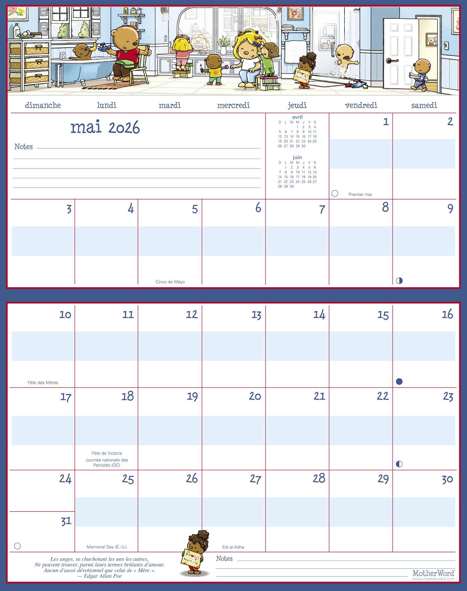 2026 MotherWord Ultimate Fridge Magnetic Hanging Family Calendar, 16-Month Family Planner, Sept 2025 - Dec 2026, French, Medium Side by Side Version, 15" x 9.5" (MWMFT12826)