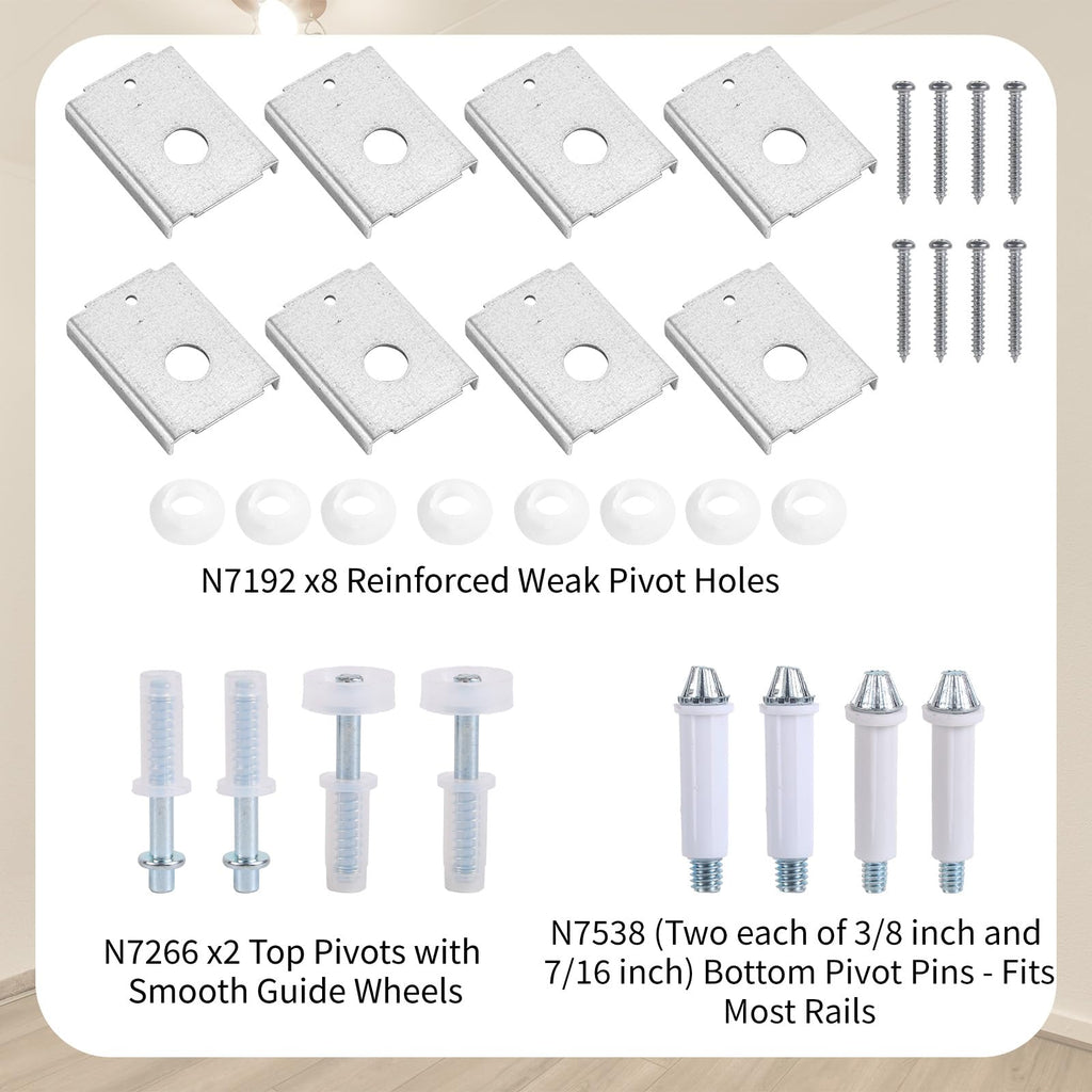 Penitue Bi-Fold Door Repair Kit for 1-3/8" Wood Doors, 8 N7192 Repair Brackets 2 N7266 Top Pivot & 2 Guide Wheels 4 N7538 Bottom Pivot Pins (3/8" & 7/16") for Folding Closet Door Hardware