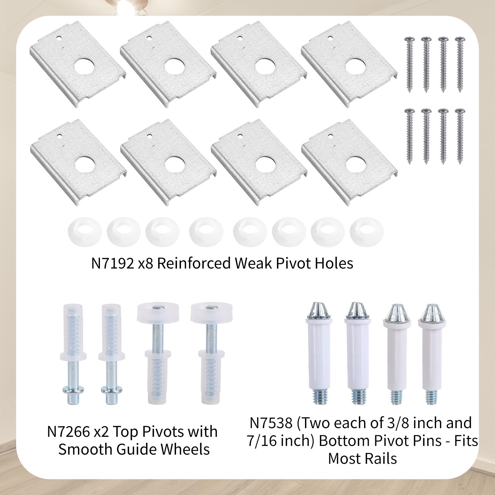 Penitue Bi-Fold Door Repair Kit for 1-3/8" Wood Doors, 8 N7192 Repair Brackets 2 N7266 Top Pivot & 2 Guide Wheels 4 N7538 Bottom Pivot Pins (3/8" & 7/16") for Folding Closet Door Hardware
