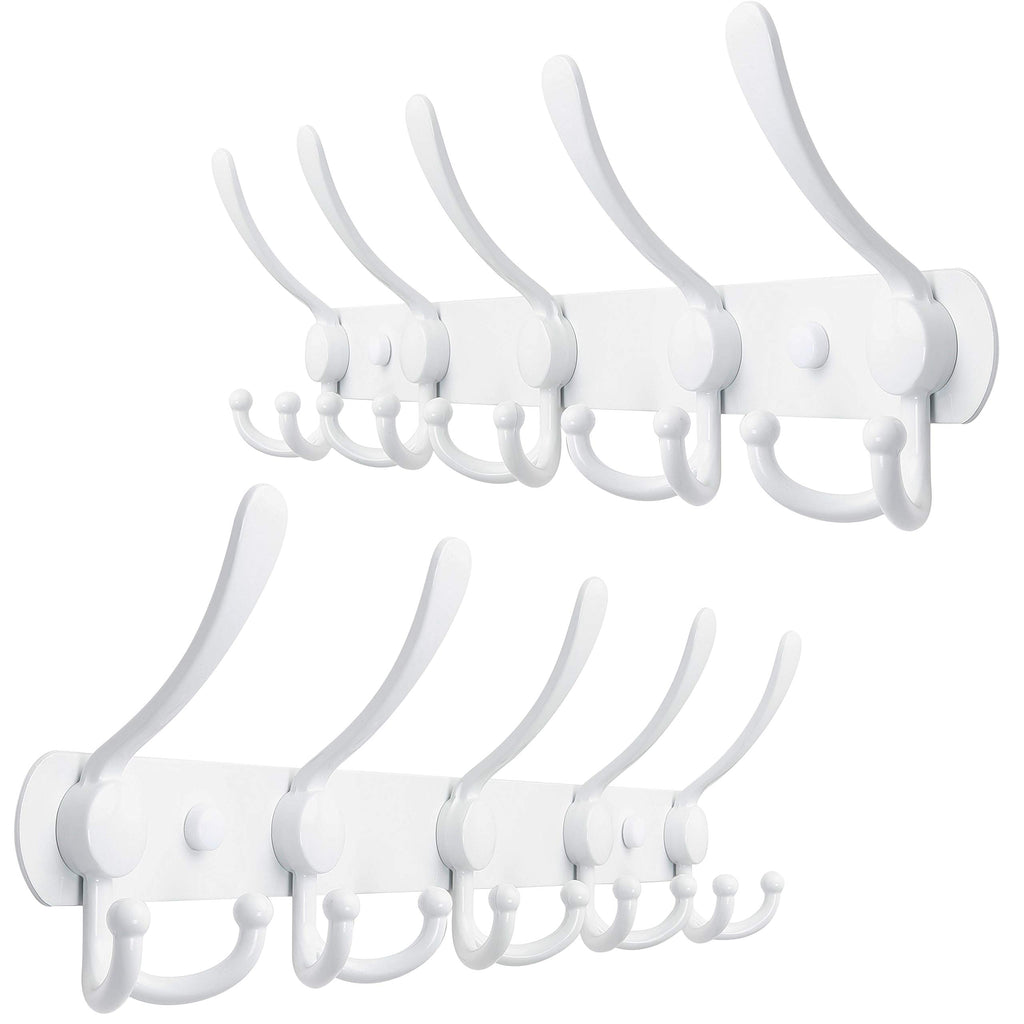 SKOLOO Wall Mounted Coat Rack, 5 Tri Hooks - Heavy Duty, Stainless Steel Coat Hooks for Hanging, Coat Hanger Wall Mount, Hook Rack, White, 2 Packs