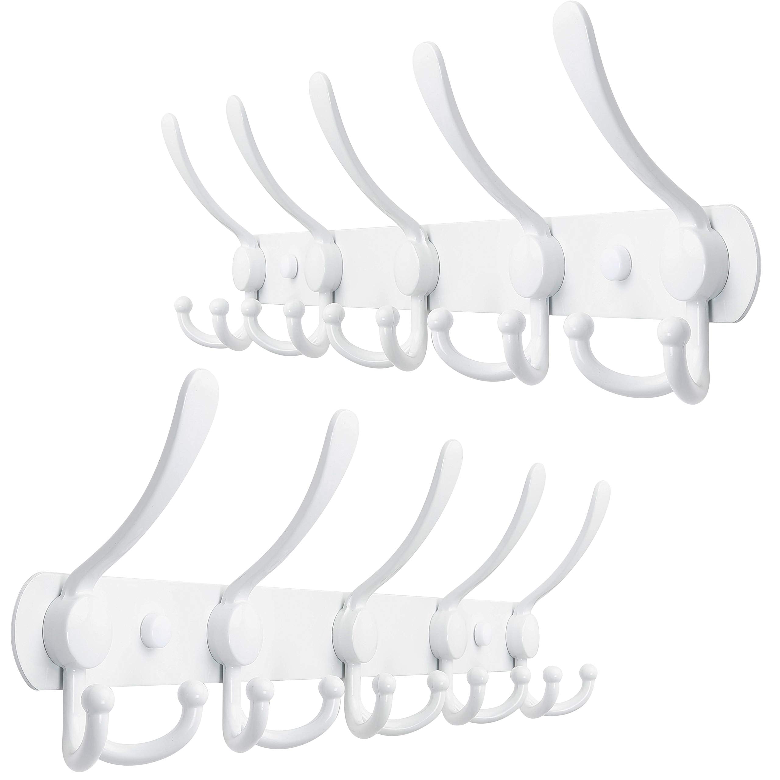 SKOLOO Wall Mounted Coat Rack, 5 Tri Hooks - Heavy Duty, Stainless Steel Coat Hooks for Hanging, Coat Hanger Wall Mount, Hook Rack, White, 2 Packs