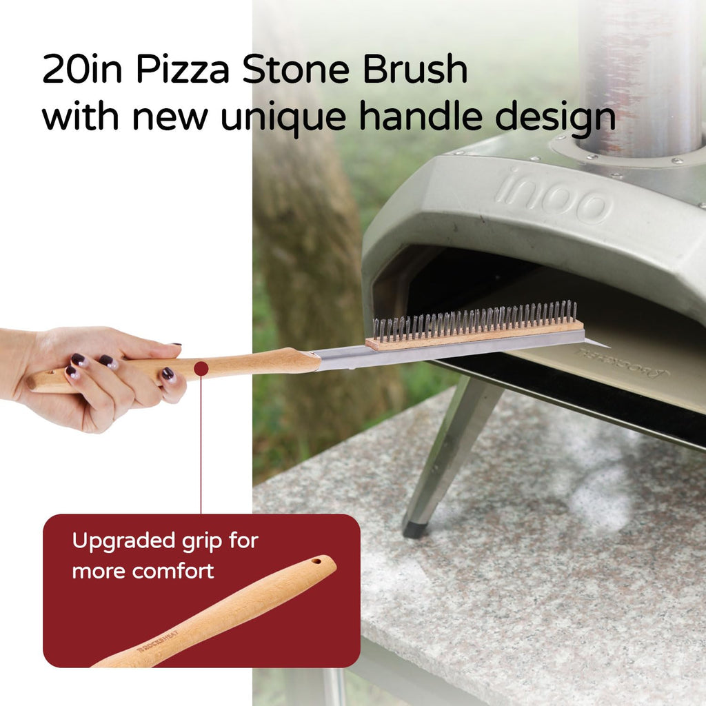 ROCKSHEAT Pizza Oven Brush, 20 Inch Grill Cleaning Brush with Scraper, Heat Resistant Stainless Steel Bristles, Beech Wood Handle, 2 in 1 Pizza Stones Brush, Ooni Ourdoor Pizza Oven Accessories